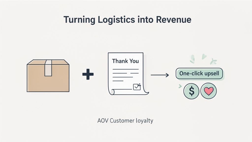 Diagram illustrating the process of turning logistics into revenue through thank you notes and one-click upsells.