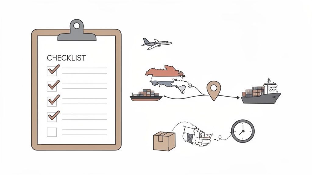 An illustration showing a checklist and the process of shipping goods from the Netherlands to the USA via air and sea.
