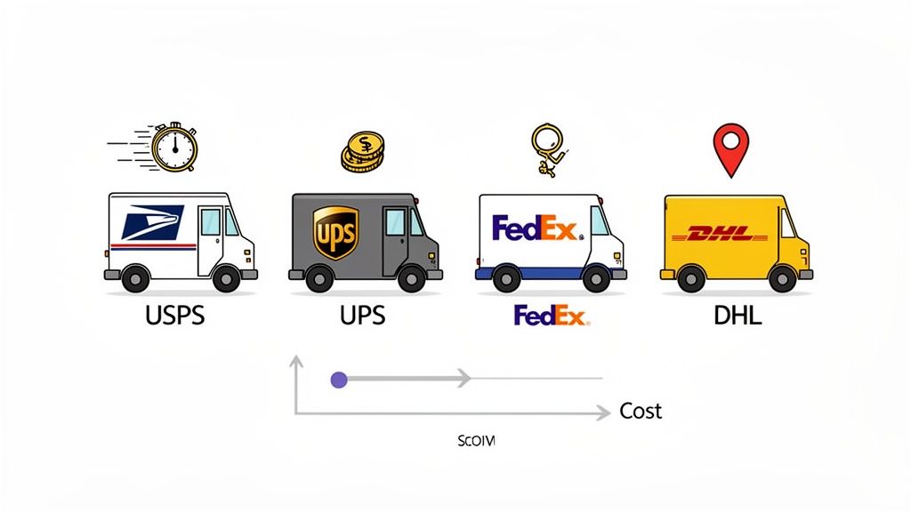 Four delivery vans (USPS, UPS, FedEx, DHL) with icons illustrating shipping service comparisons by speed, cost, and tracking.