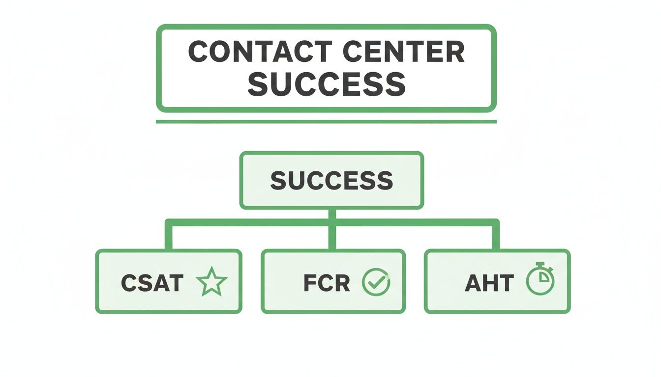 Flowchart illustrating Contact Center Success, achieved through key performance metrics: CSAT, FCR, and AHT.