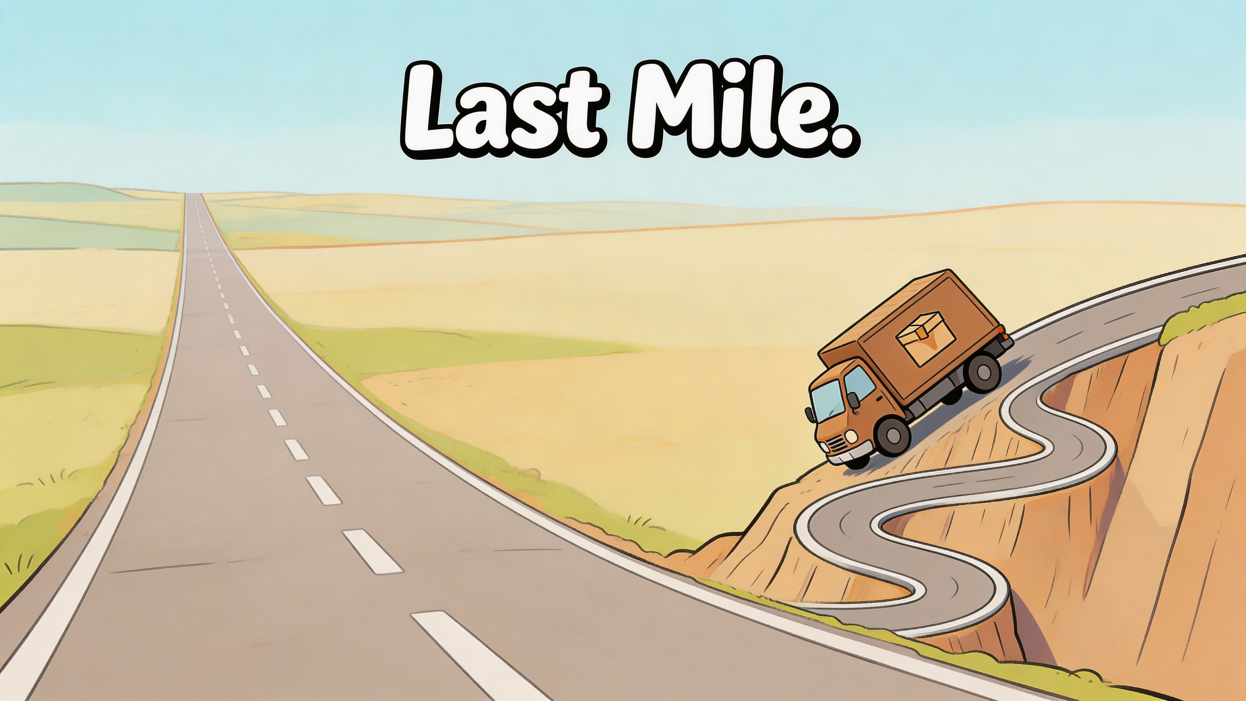 A delivery truck driving off a straight road onto a winding, difficult path down a cliff.
