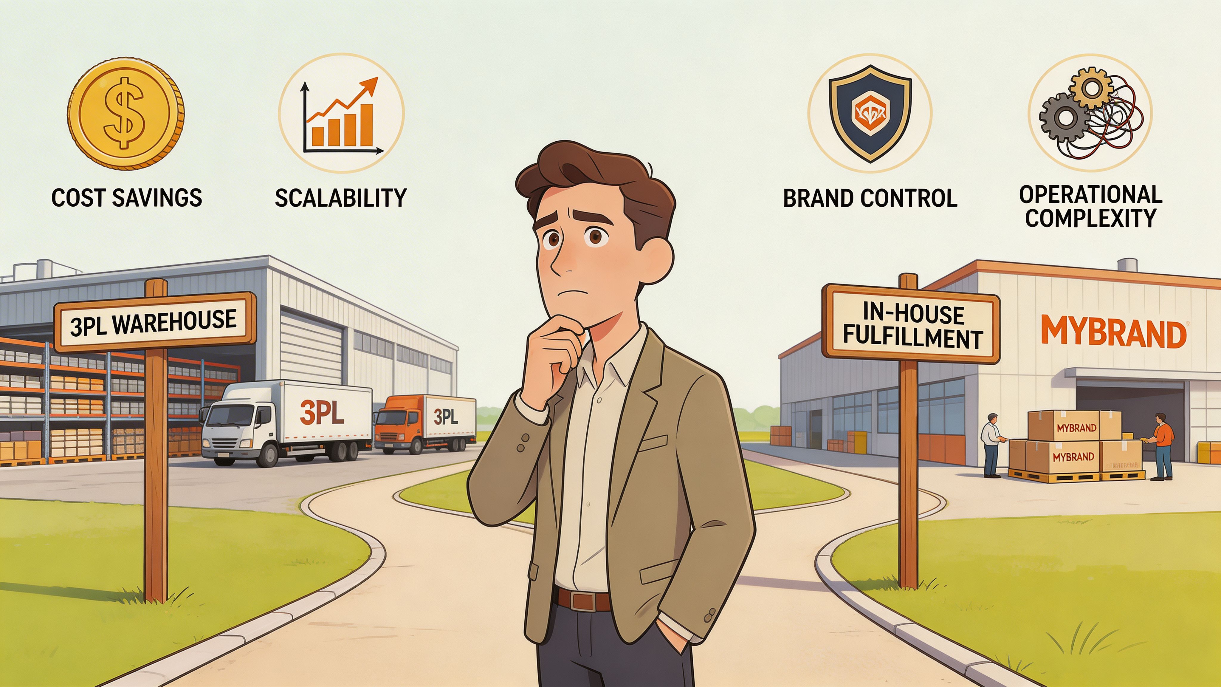 A businessman contemplating between choosing 3PL warehouse services versus managing in-house fulfillment for his brand company.