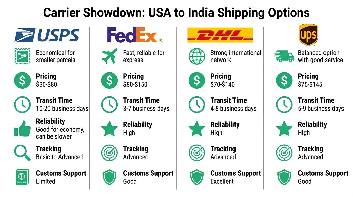 A comparison chart showing shipping options from the USA to India including USPS, FedEx, DHL, and UPS.