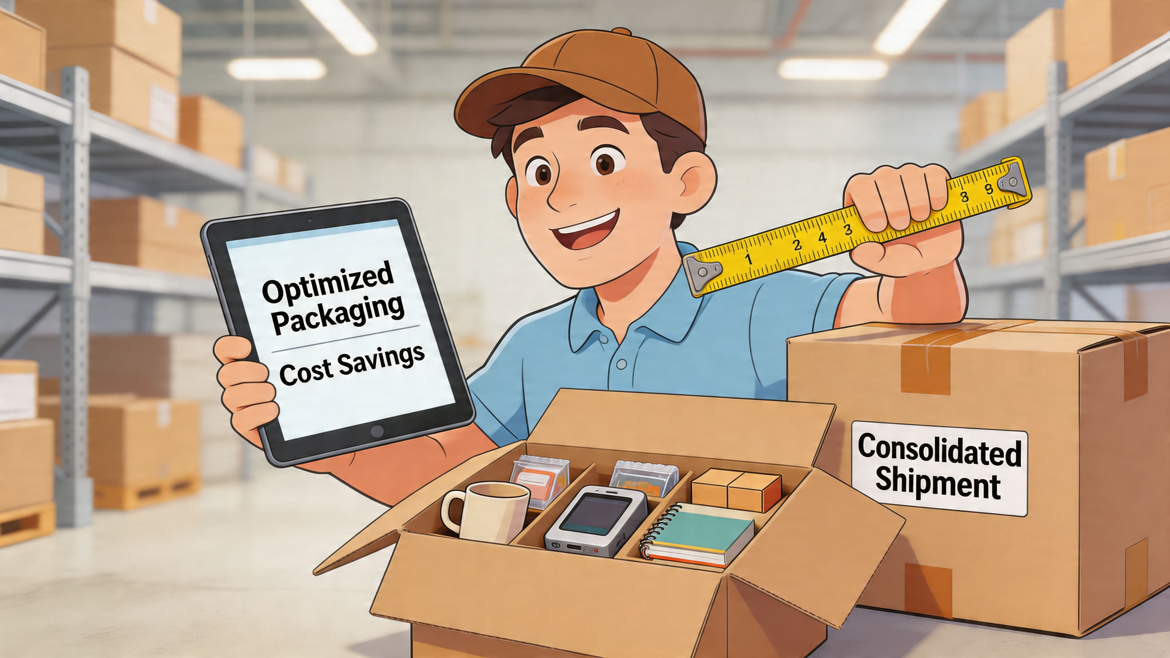 A friendly warehouse worker holding a tablet displaying optimized packaging and cost savings text with consolidated shipment boxes.