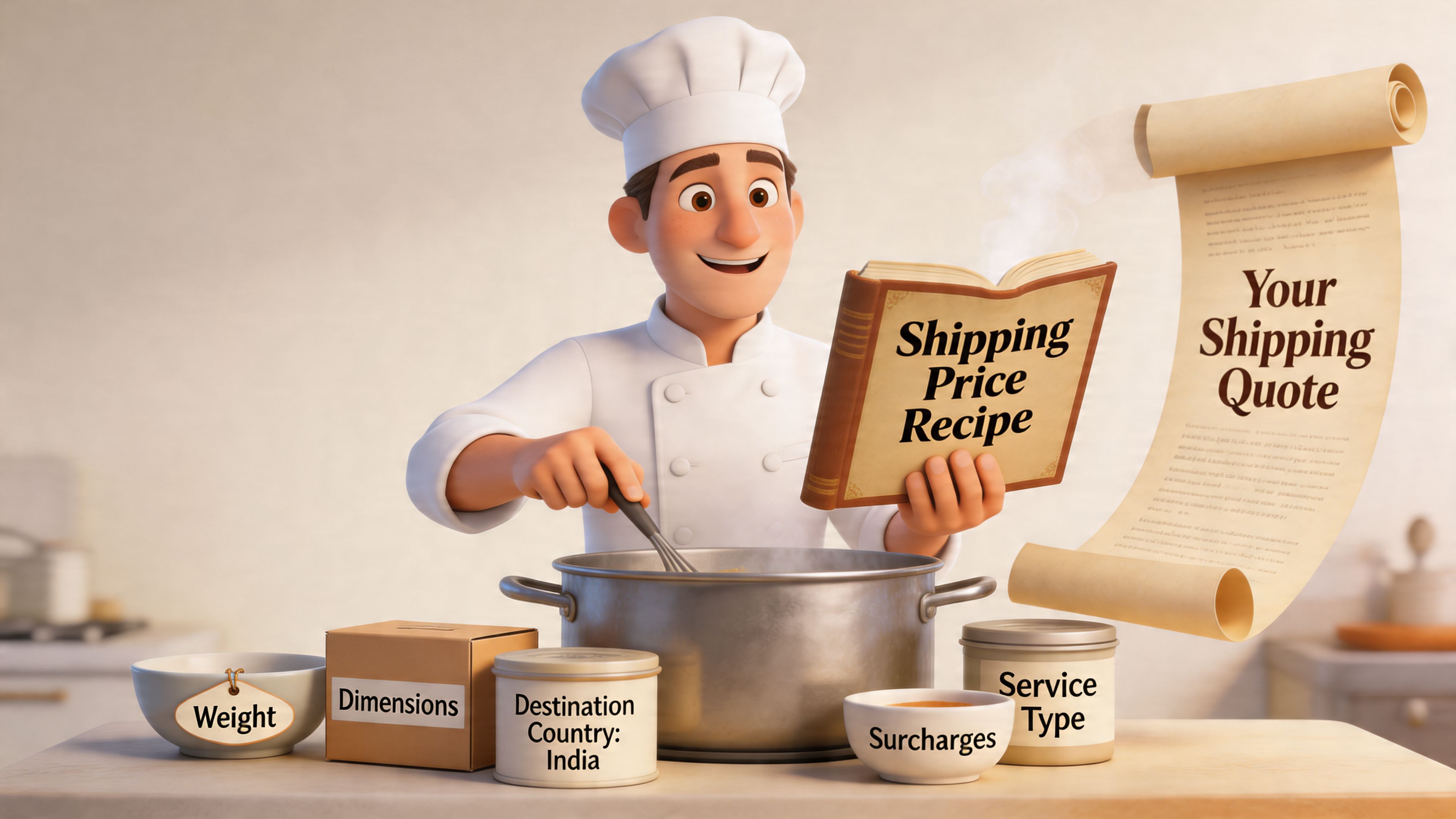 A 3D cartoon chef reading a Shipping Price Recipe book to calculate shipping costs for a package.