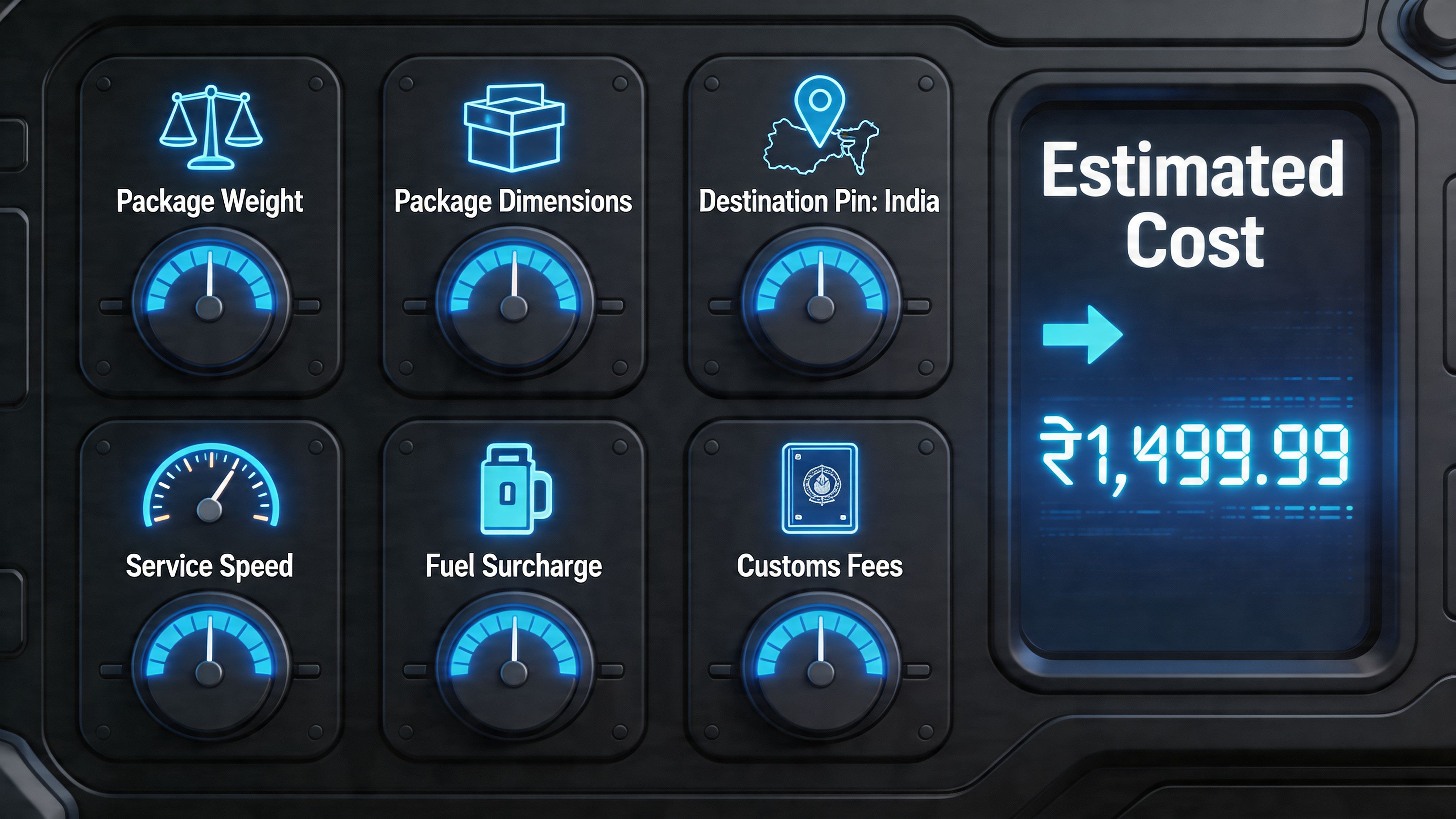 A digital dashboard display featuring various shipping metrics with an estimated delivery cost in Indian Rupees.