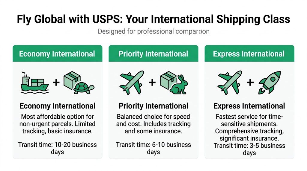A comparison chart of USPS international shipping classes, detailing Economy, Priority, and Express delivery options and timelines.