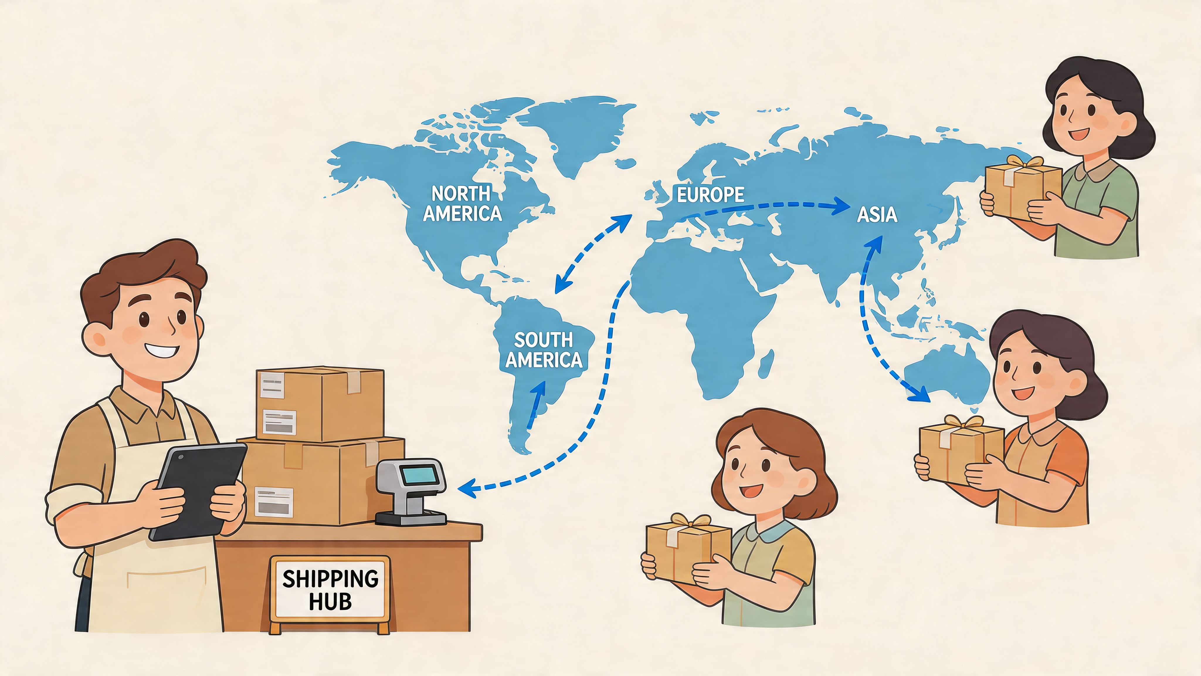A shipping hub worker processes international packages represented by arrows connecting a global map and happy recipients.