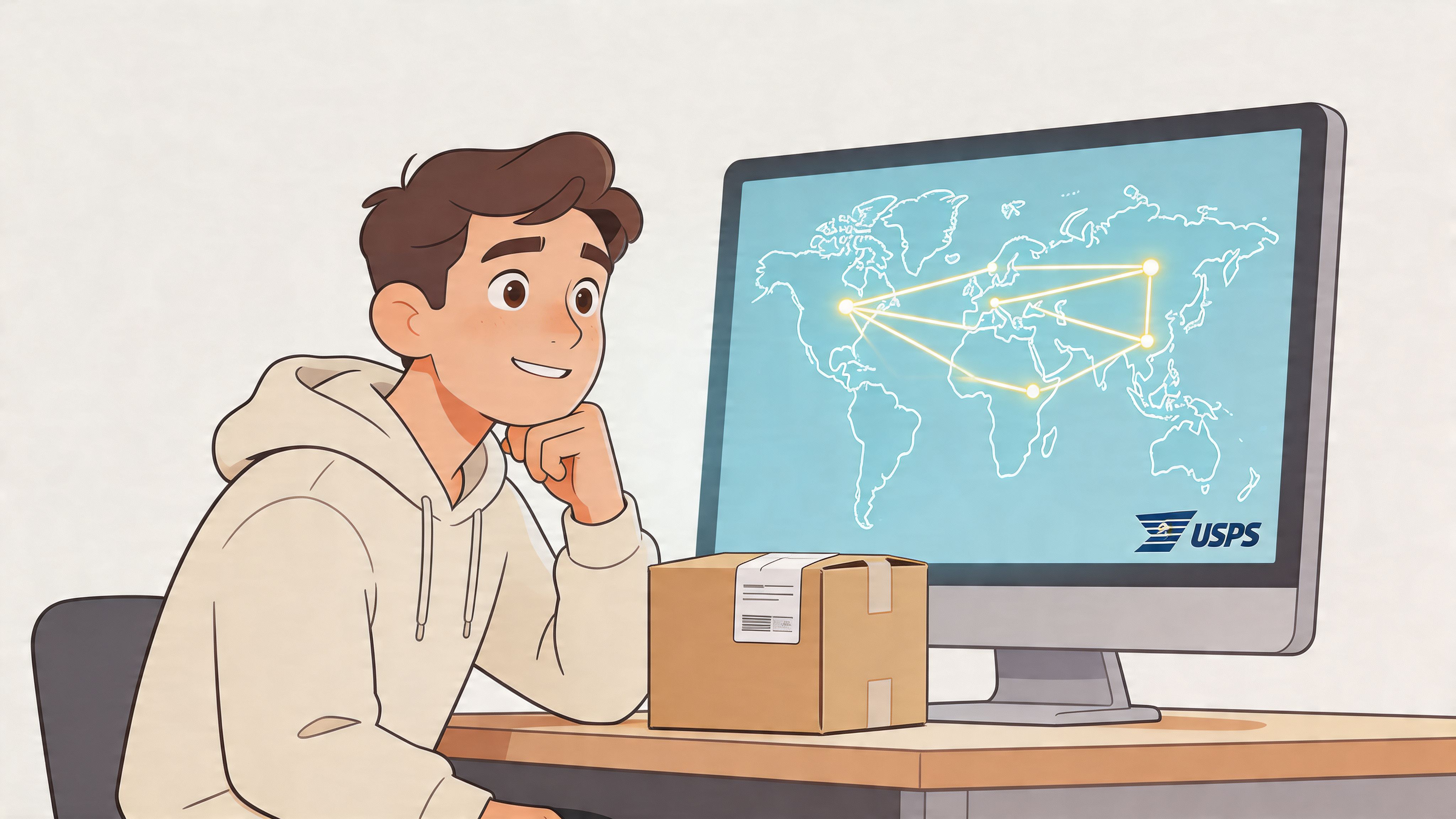 A young man sits at a desk looking at a computer screen showing international shipping routes.