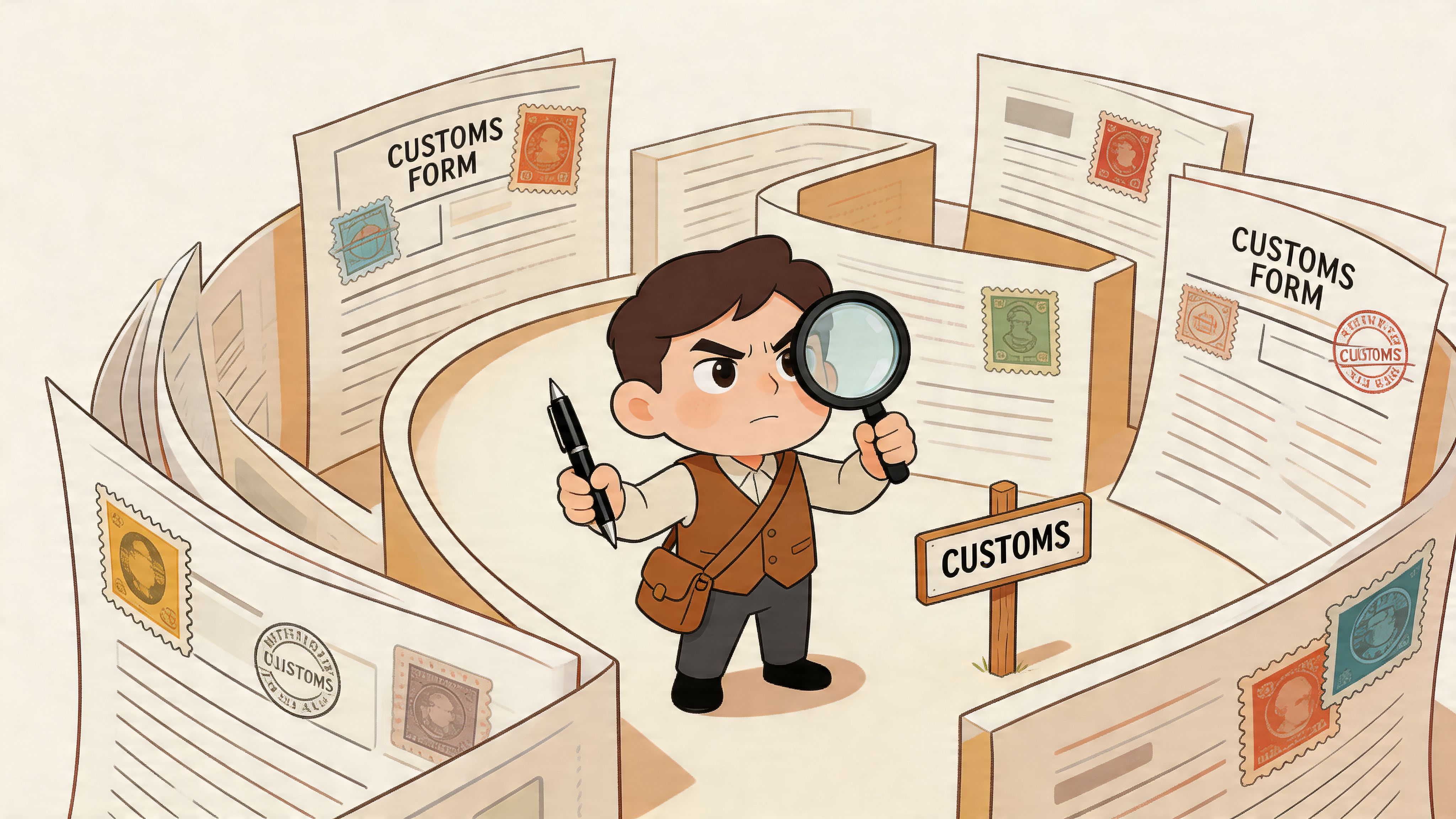 A cartoon customs inspector character holds a magnifying glass and pen surrounded by international shipping forms.