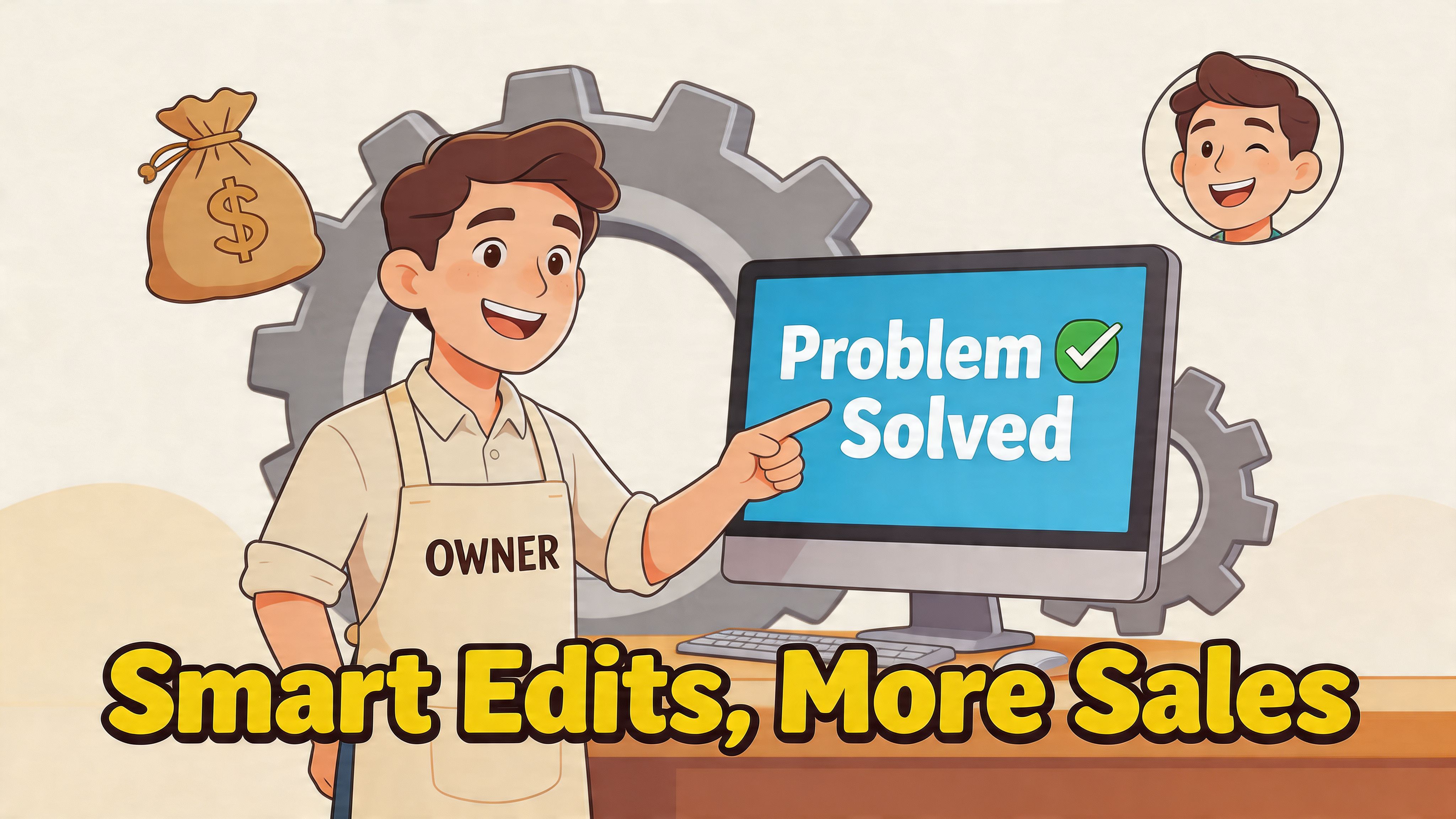 A friendly business owner pointing at a computer screen that says Problem Solved to increase sales.