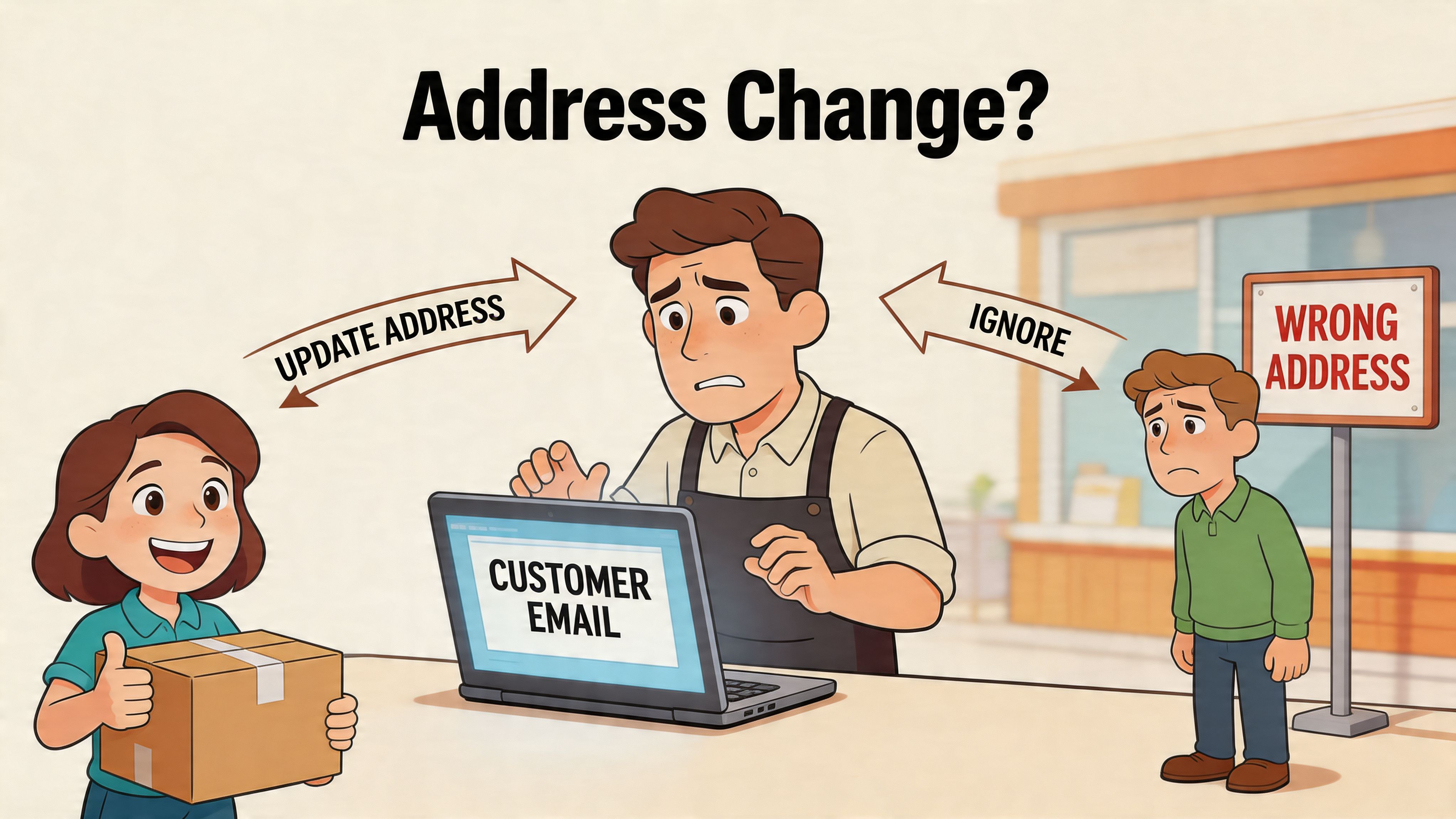 A digital illustration showing a business owner choosing between updating a customer's shipping address or ignoring it.