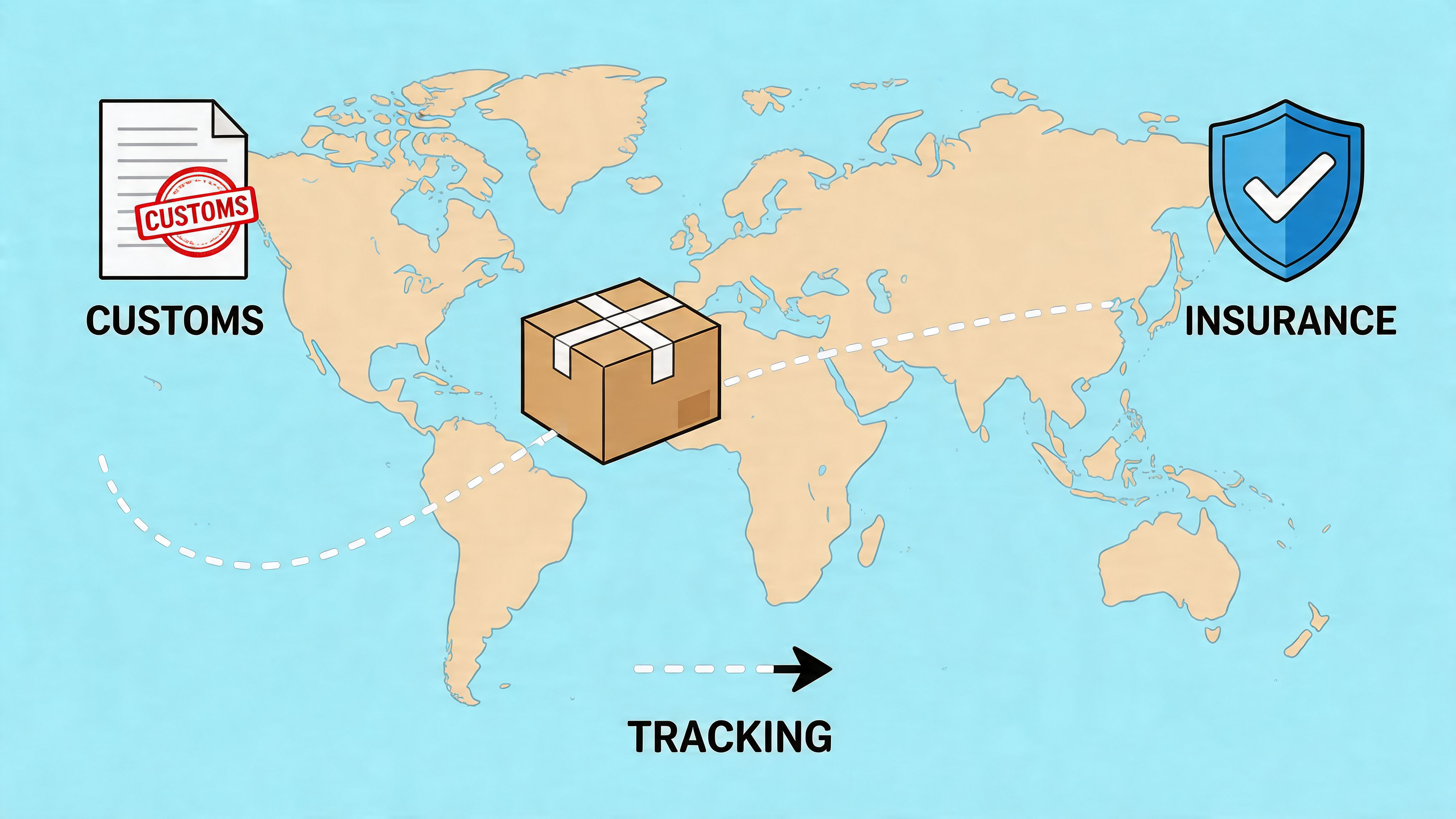 A map illustration showing international logistics concepts including customs documentation, package shipping, insurance protection, and tracking services.