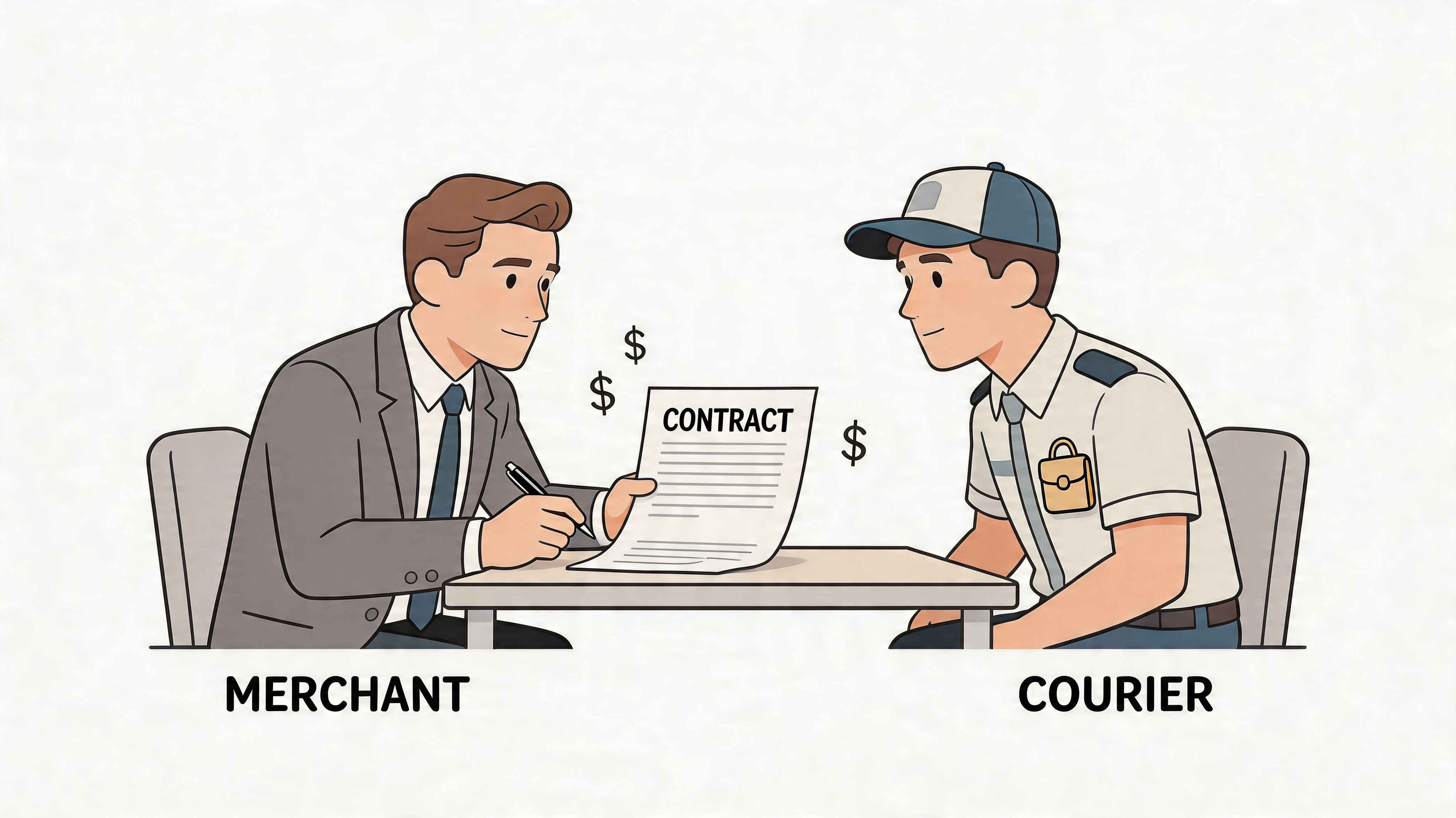 A businessman signing a professional contract with a delivery courier to establish a shipping agreement.