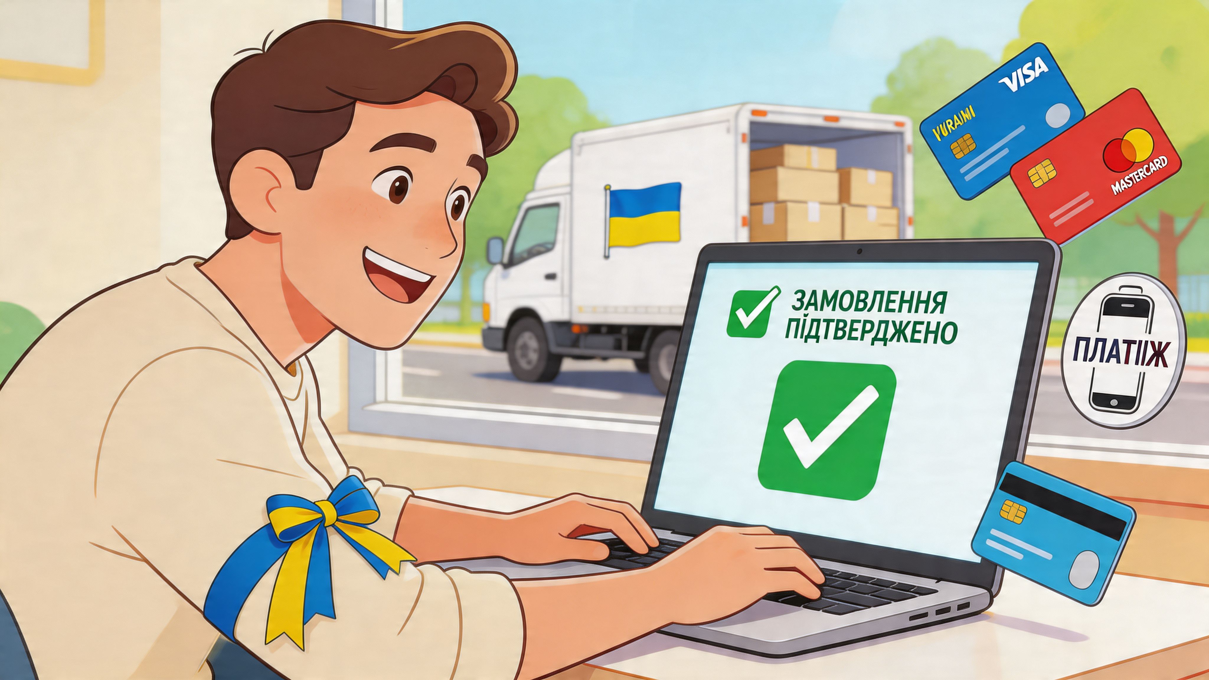 A young man happily ordering online using his laptop, featuring a delivery truck and payment options.