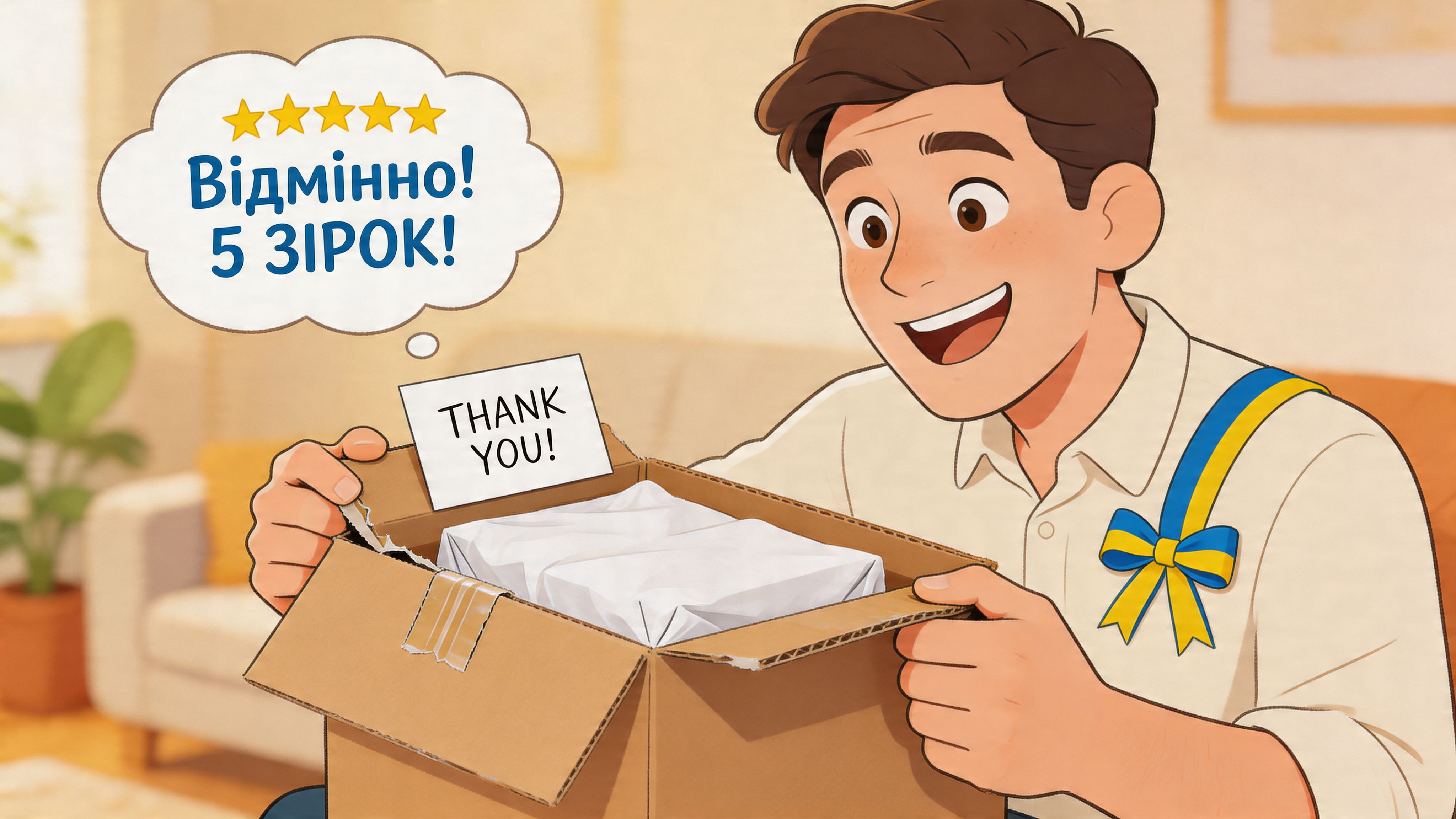 A happy man opening a parcel with a Ukrainian flag pin and a five-star rating thought bubble.