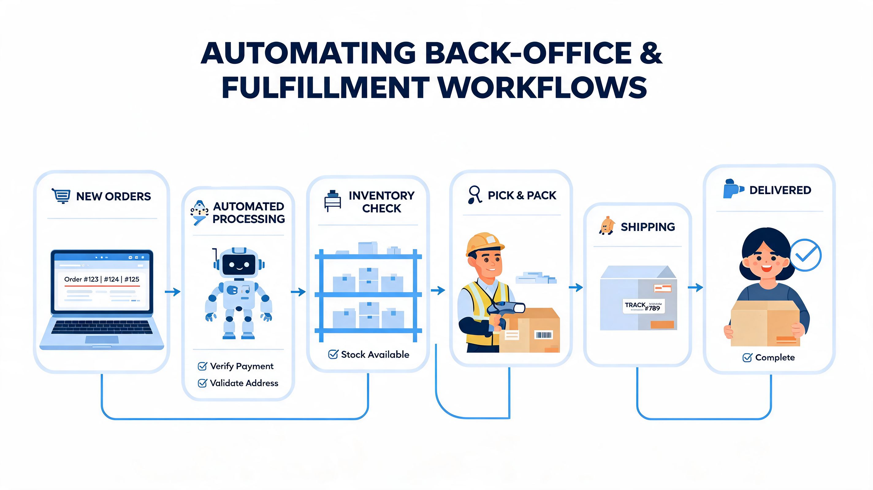 An infographic illustrating an automated business workflow from receiving new orders to final customer delivery.
