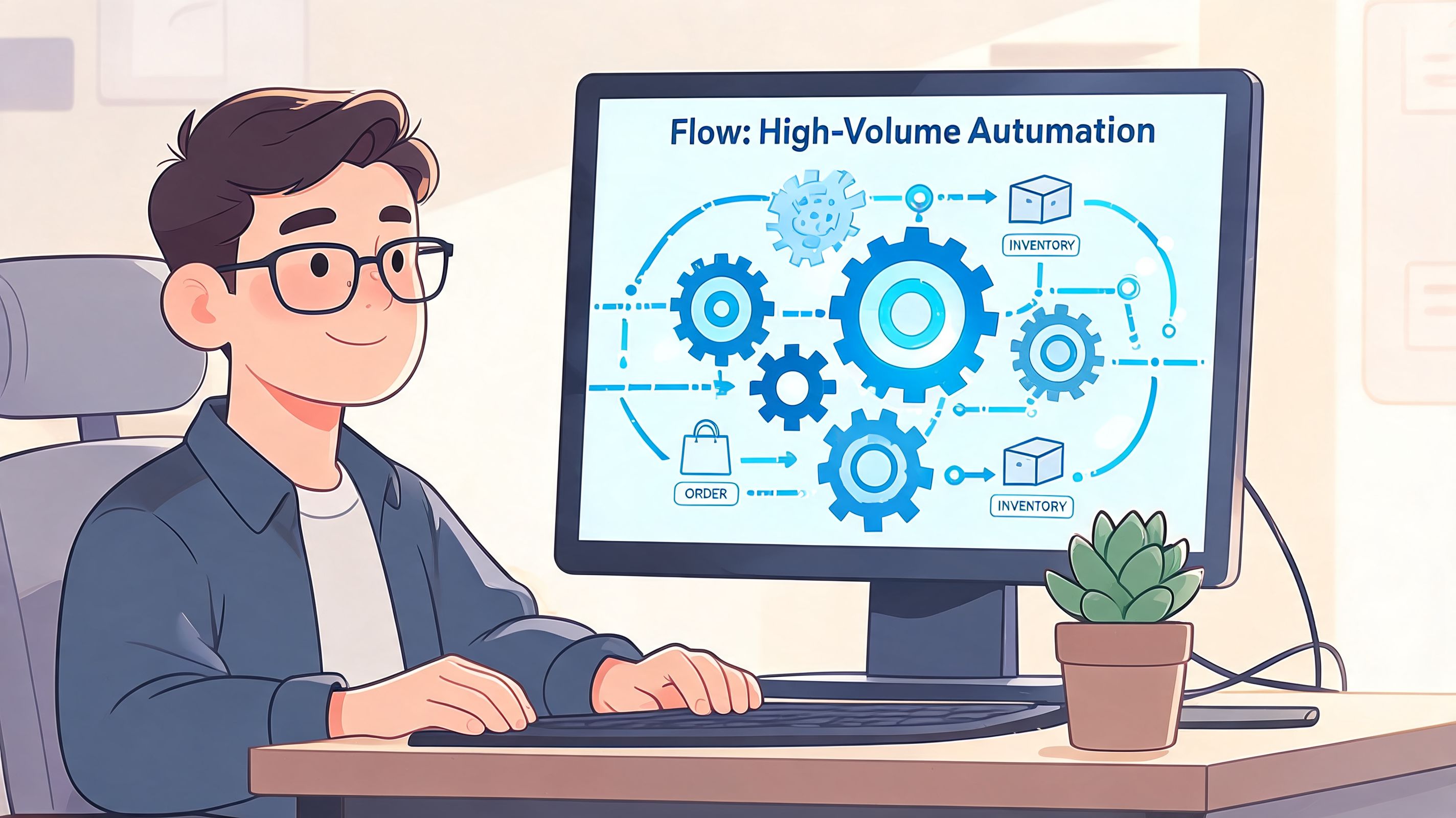 A young man sitting at his desk working on a computer showing a high-volume automation workflow diagram.