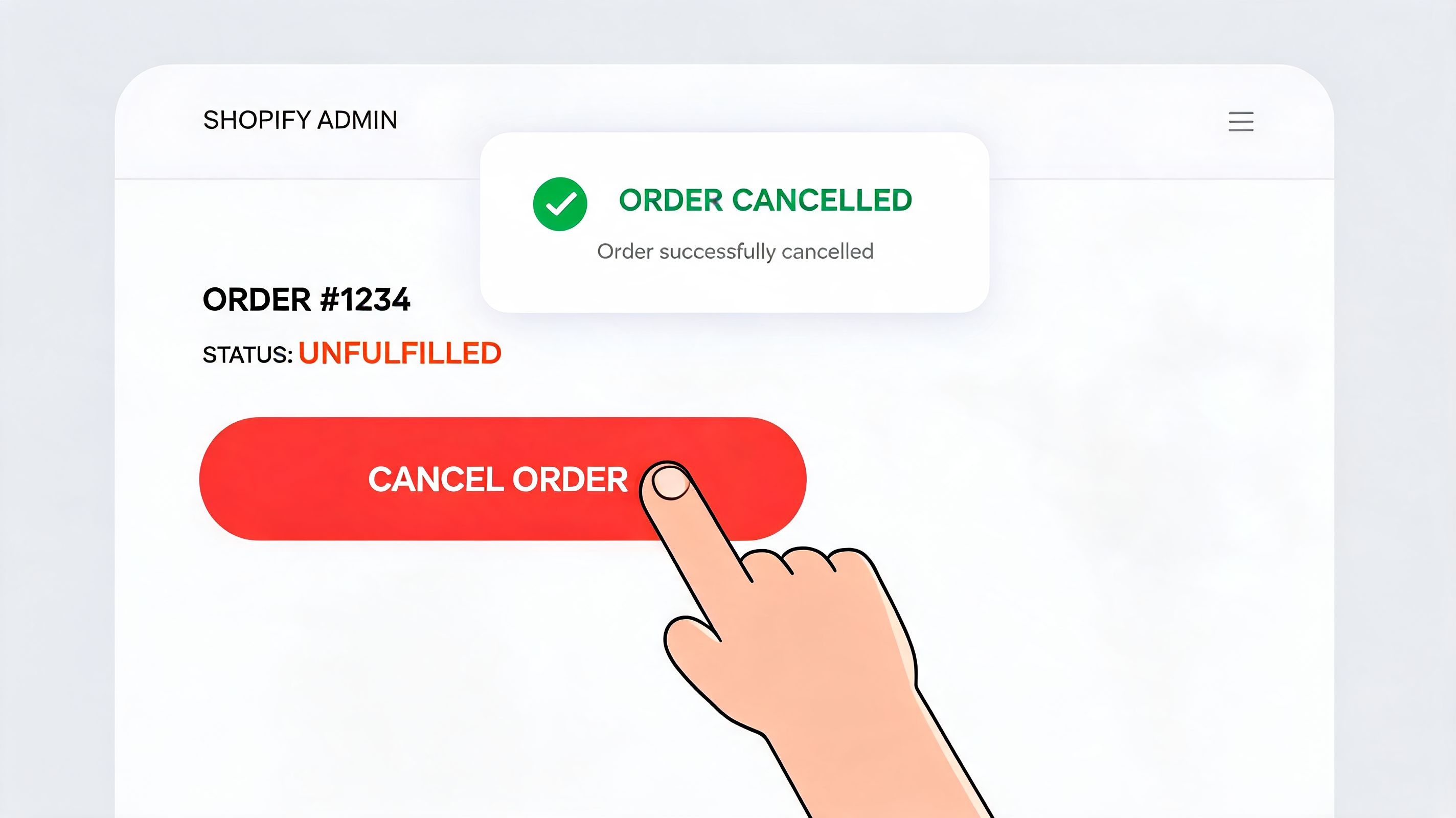 A digital illustration showing a hand clicking the cancel order button on a Shopify admin dashboard screen.