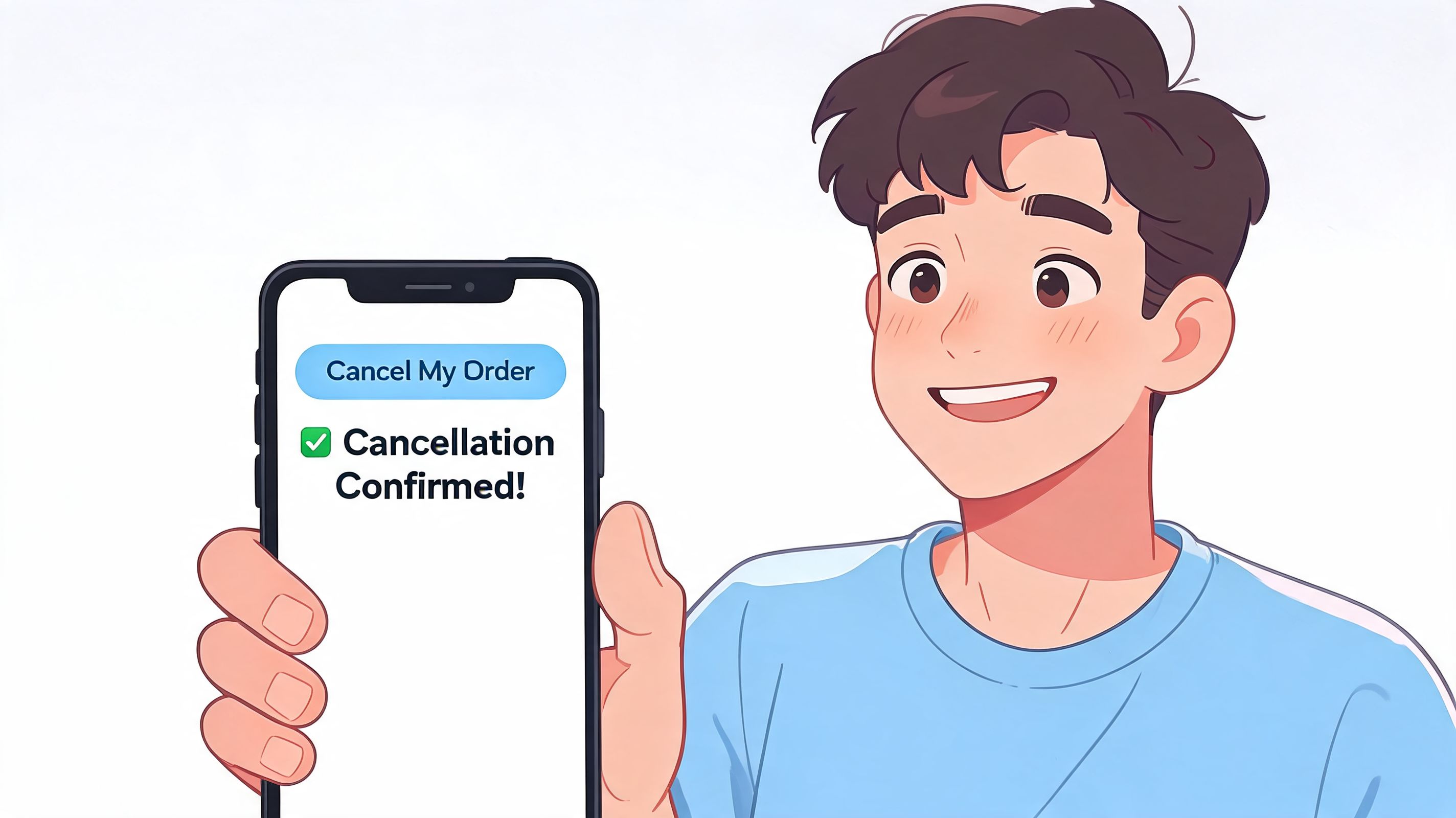 A happy young man holding a smartphone displaying a successful order cancellation confirmation screen on the app.