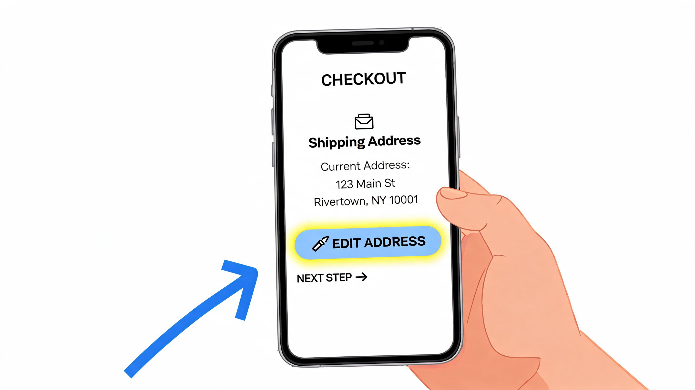 A hand holding a smartphone displaying a checkout screen with an option to edit shipping address.