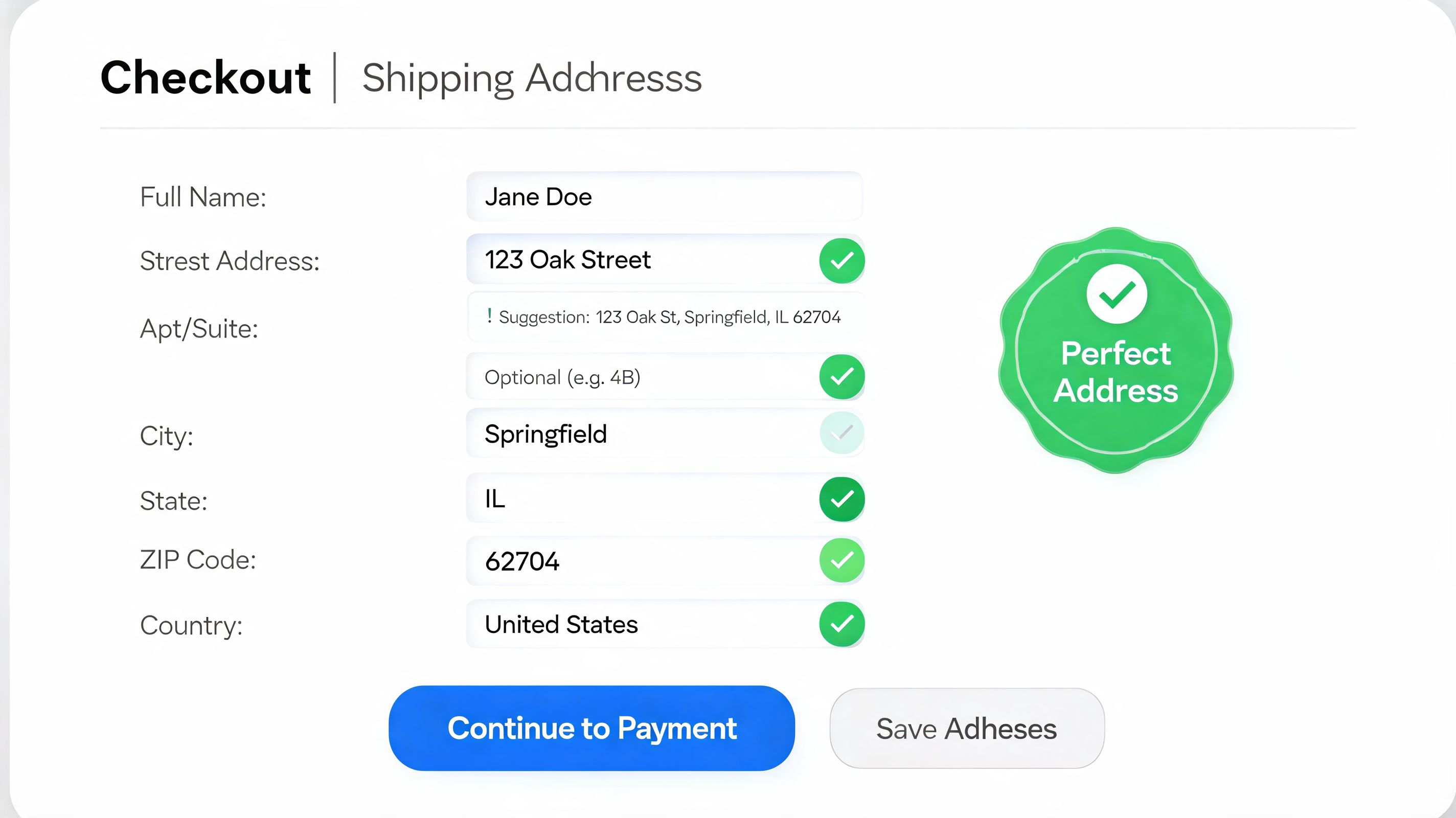 A digital checkout form displaying address fields with valid entries and a green Perfect Address badge.