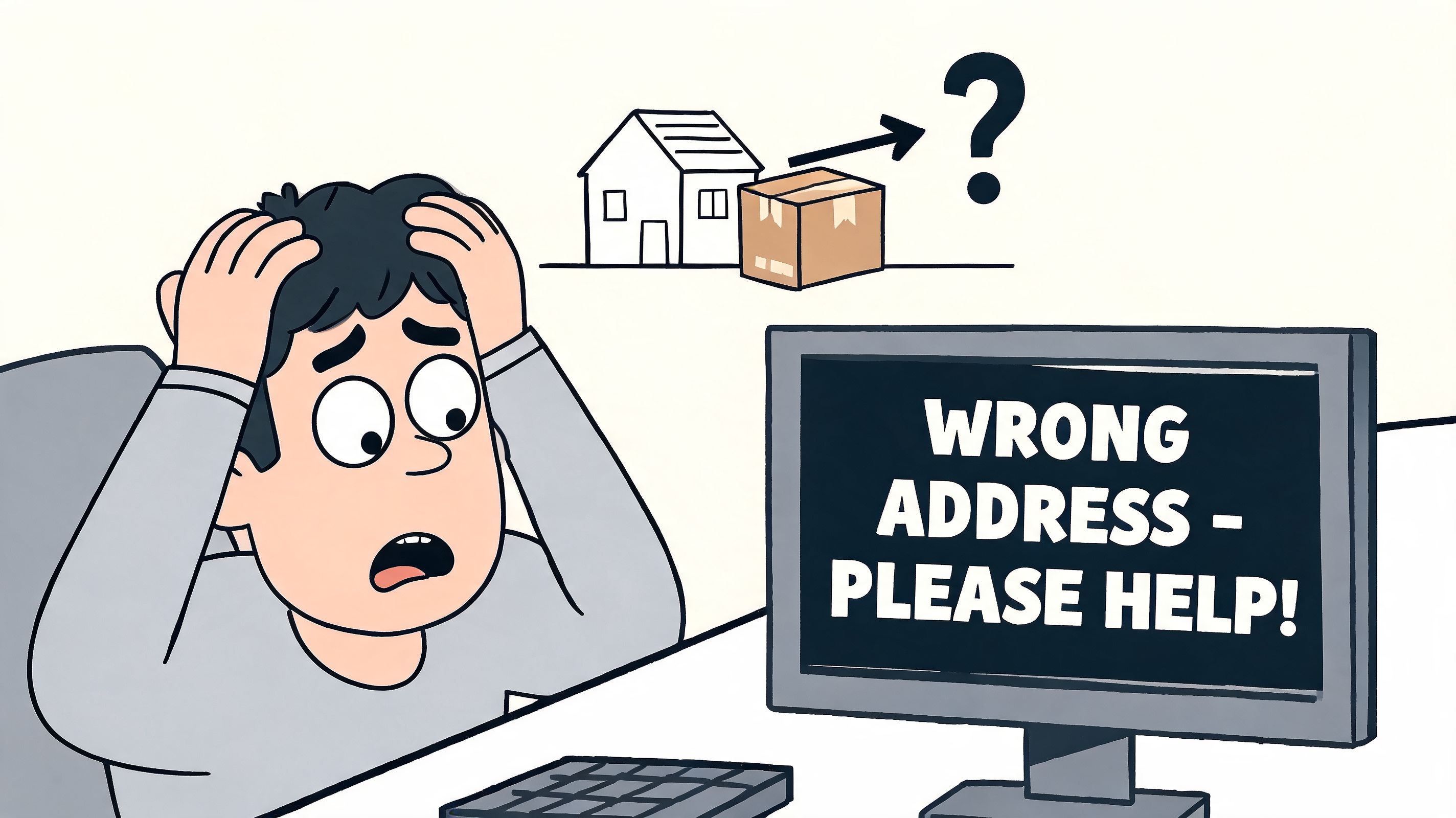 A distressed person sitting at a computer looking at a wrong address shipping error notification message.