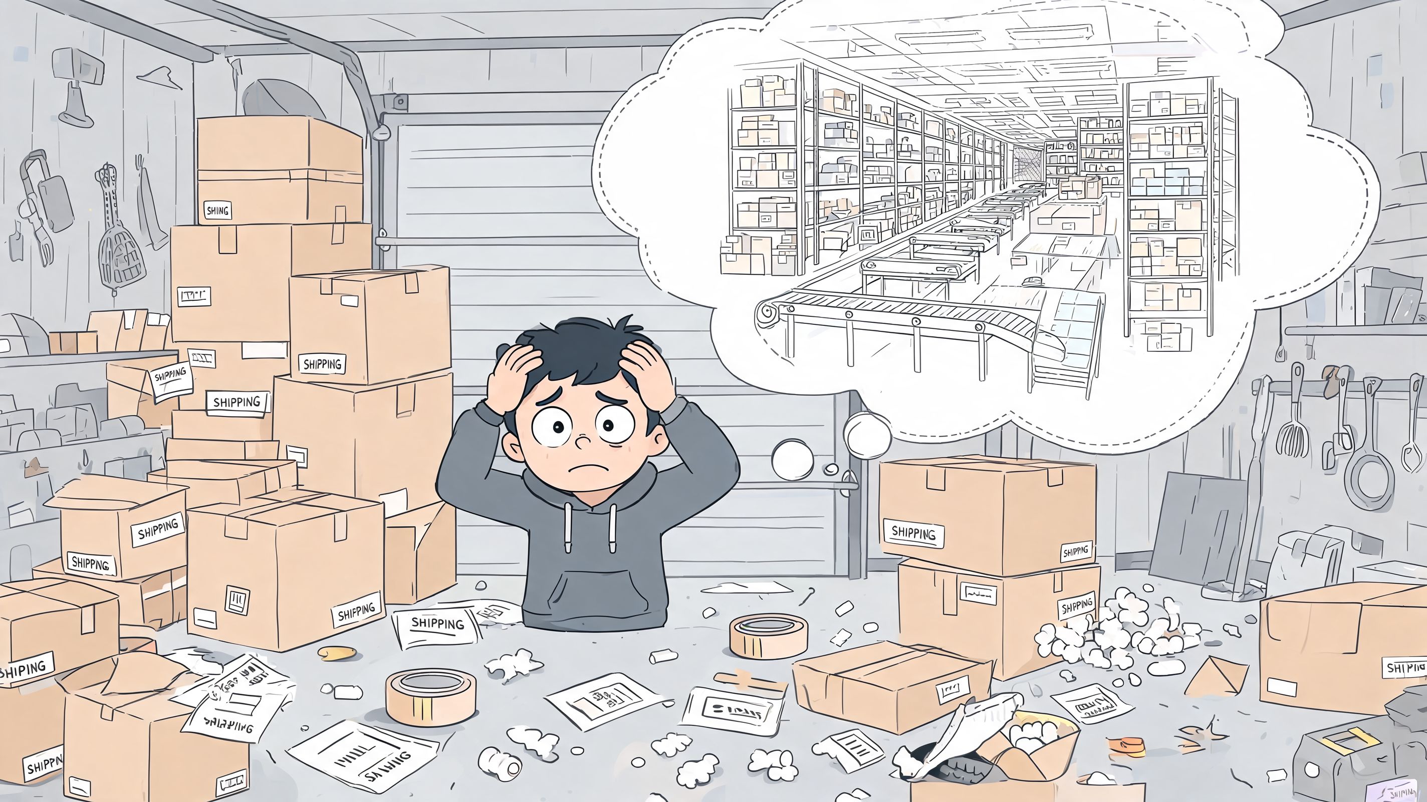 A stressed person in a cluttered garage, imagining a large, organized warehouse and fulfillment center.