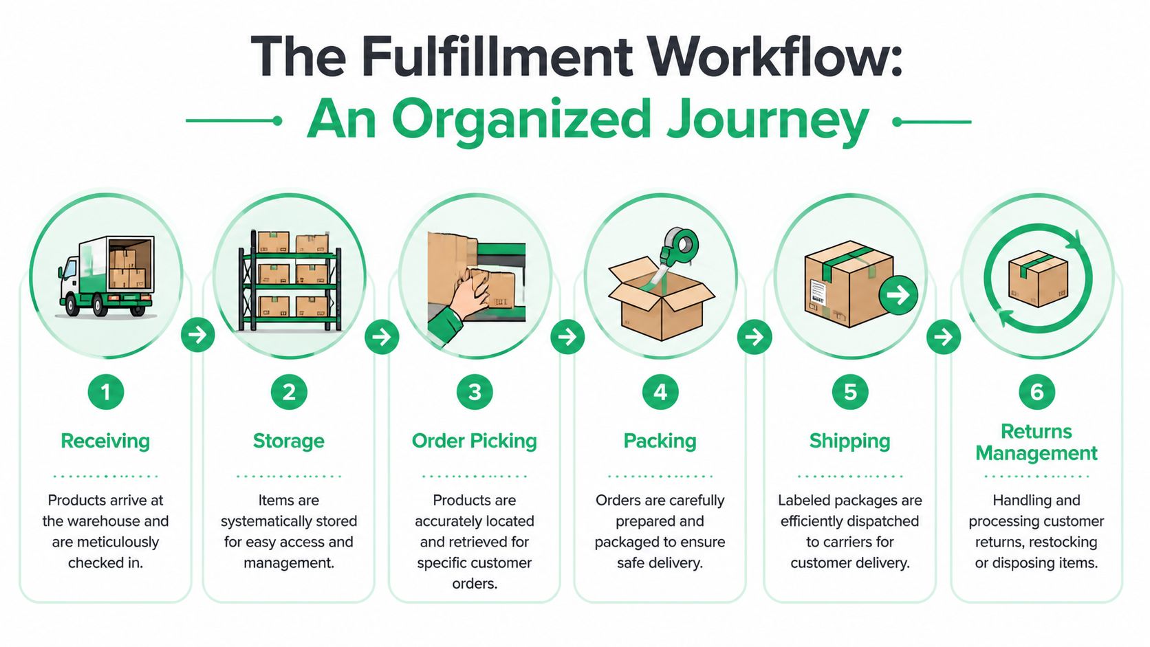 A six-step infographic illustrating the professional order fulfillment workflow from receiving products to returns management.