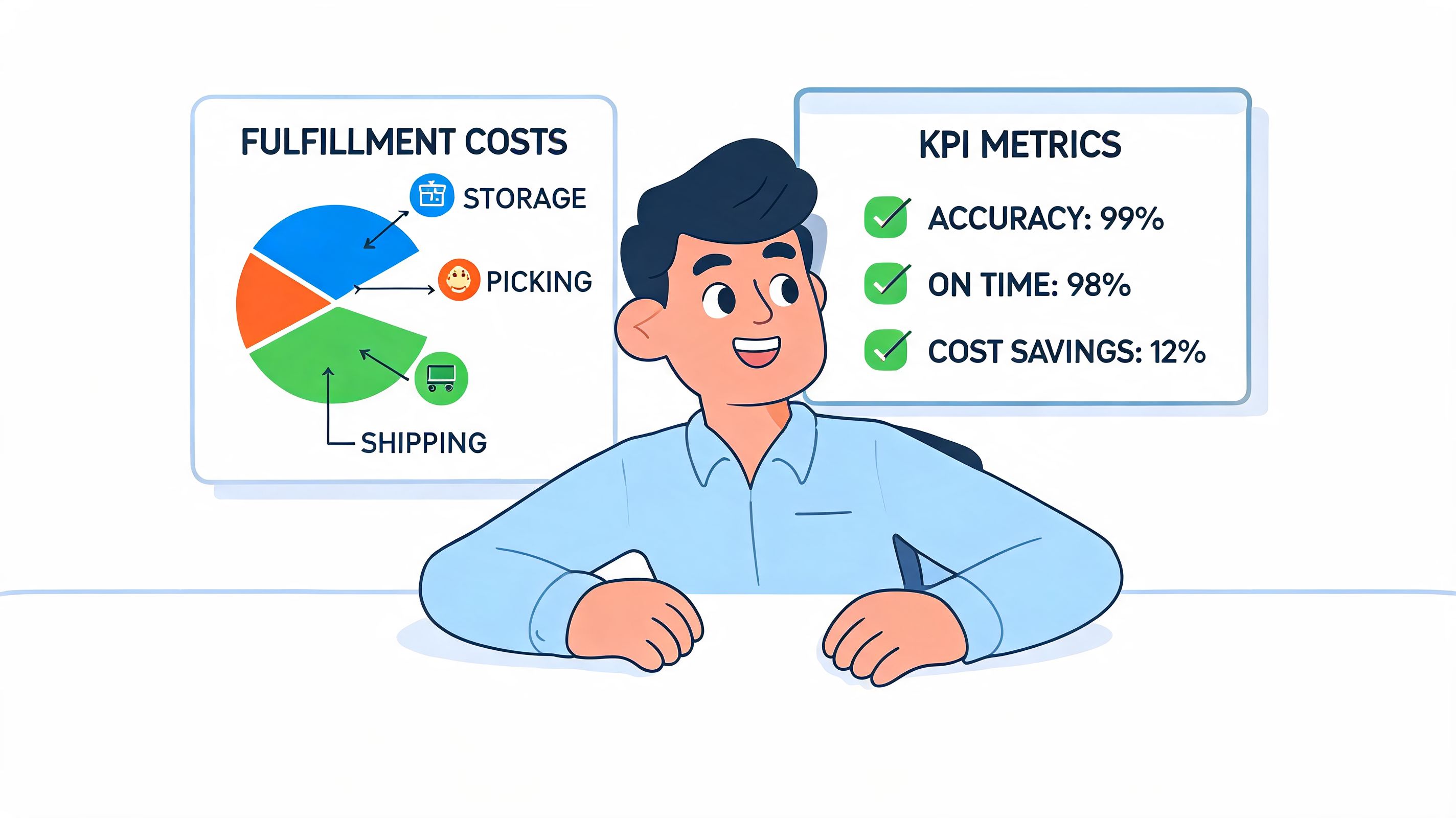 A professional man looking at charts showing warehouse fulfillment costs and key performance metric results.