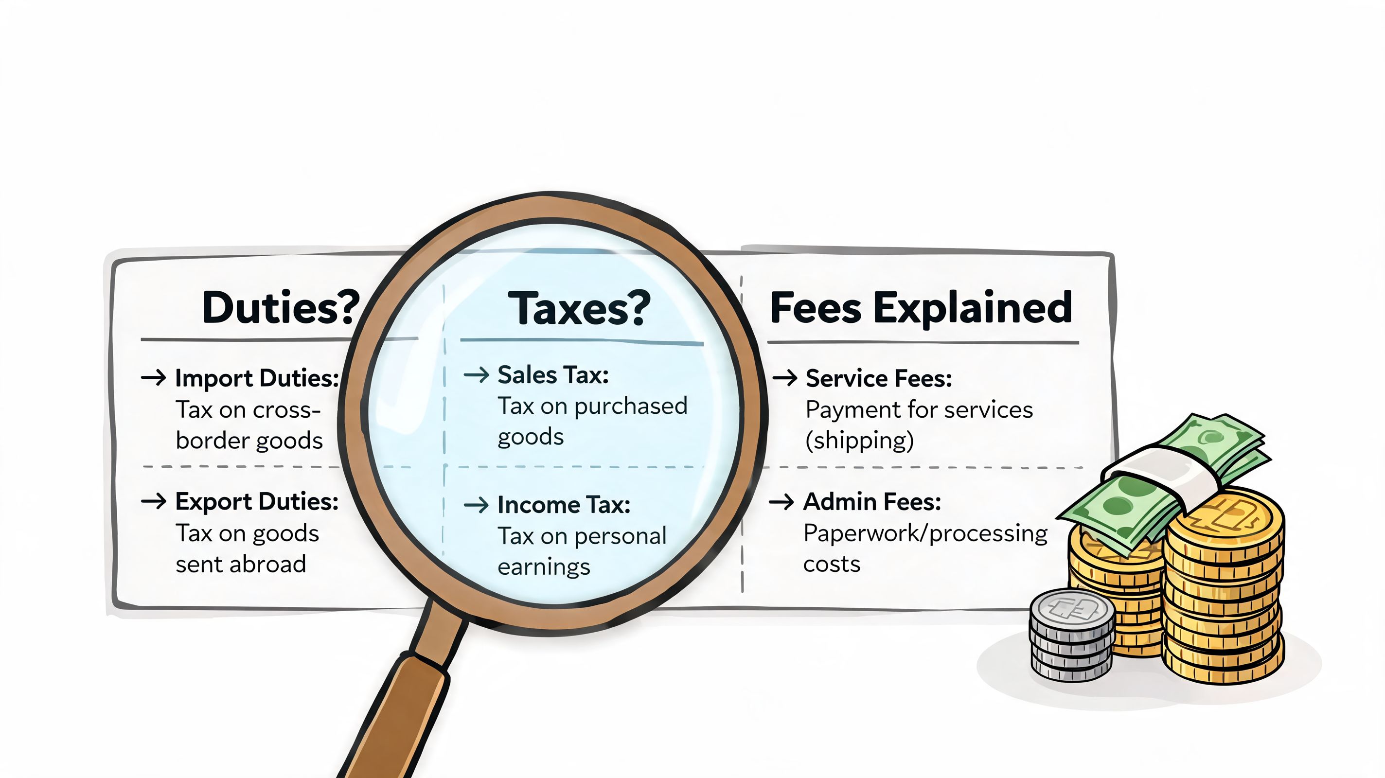An educational infographic comparing duties, taxes, and fees with a magnifying glass over the taxes section.