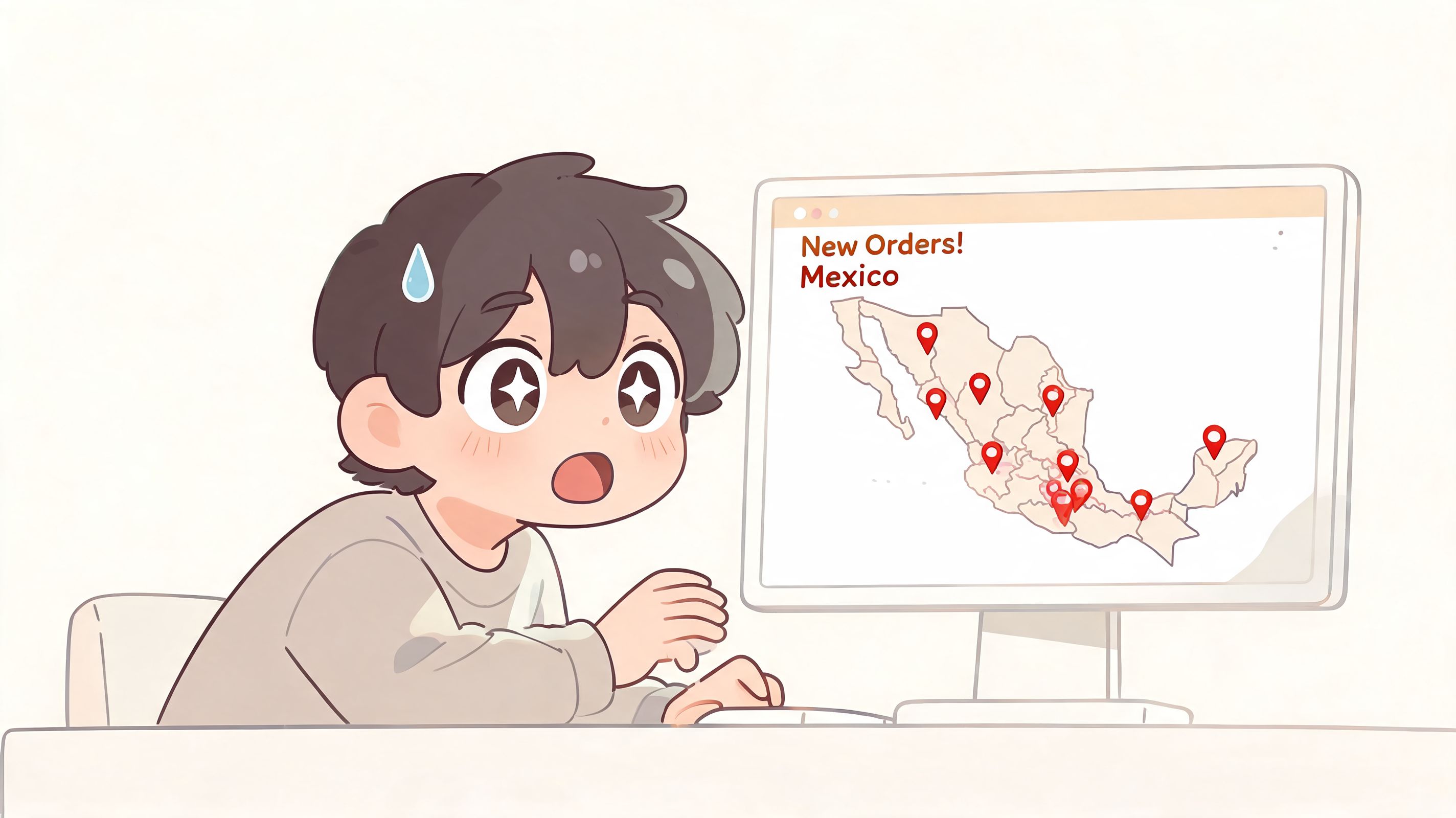 A cute cartoon boy looking surprised at a computer screen showing multiple shipping orders across Mexico.