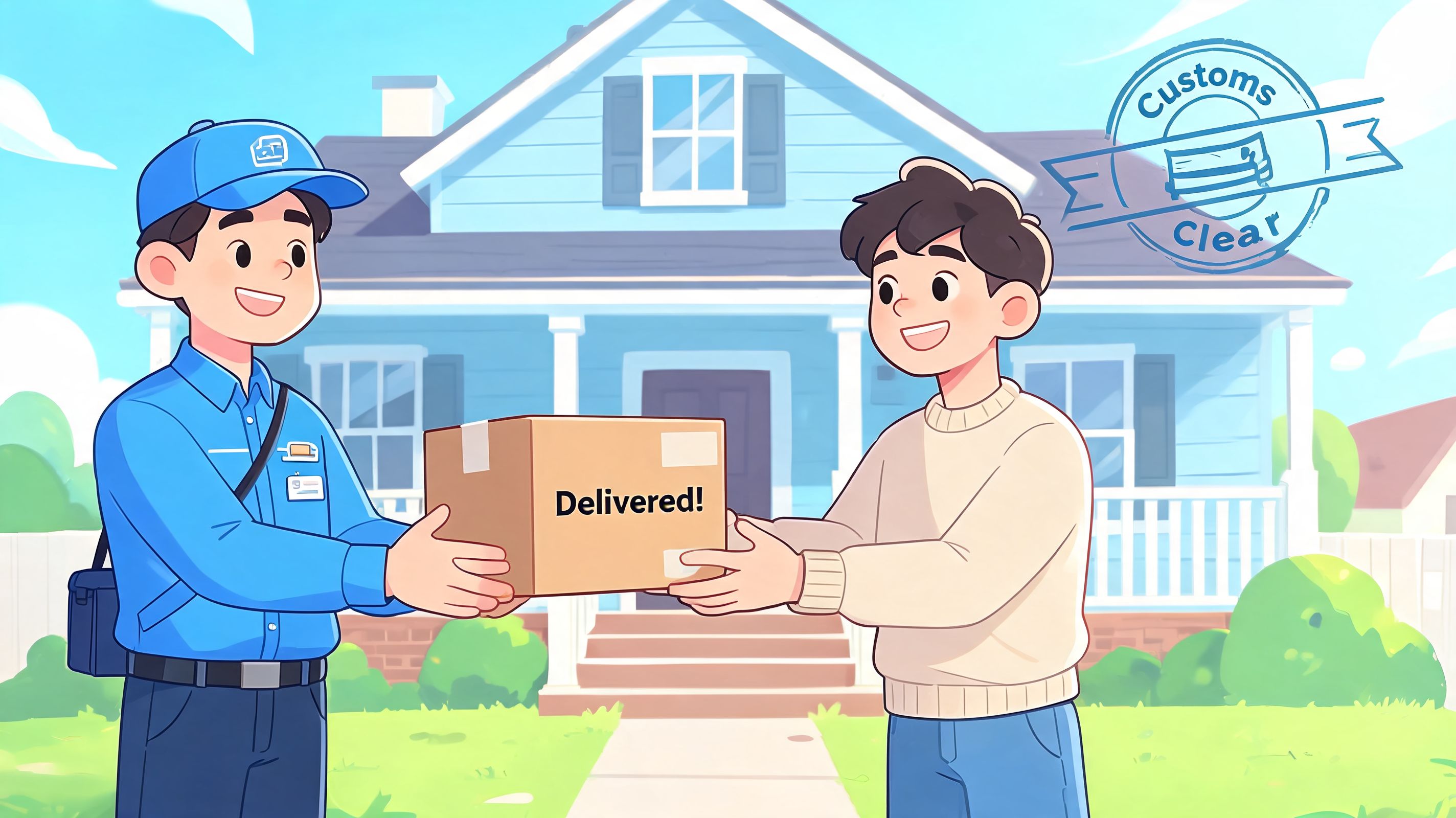 A friendly delivery person handing a package marked Delivered to a happy customer in front of a house.