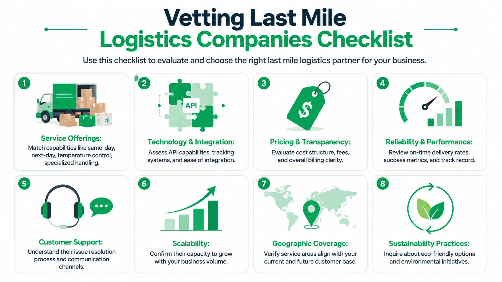 An infographic titled Vetting Last Mile Logistics Companies Checklist featuring eight key evaluation criteria for businesses.