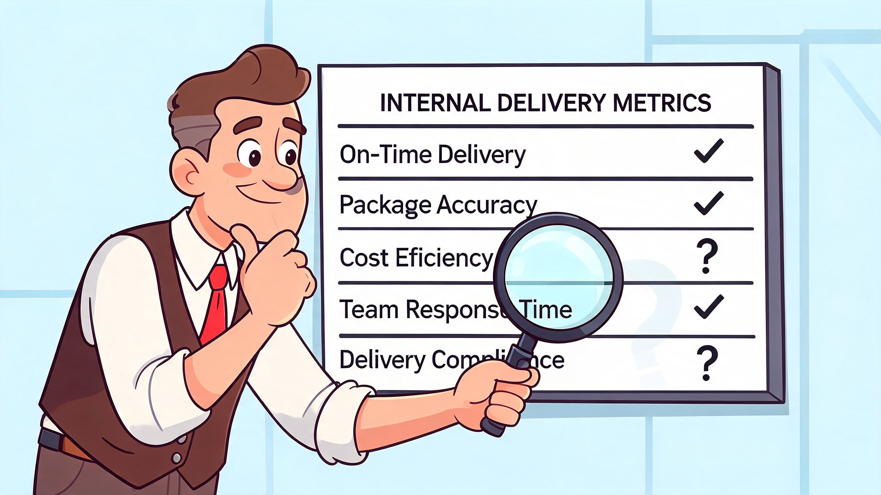A professional man holding a magnifying glass inspecting a checklist labeled internal delivery metrics for business efficiency.