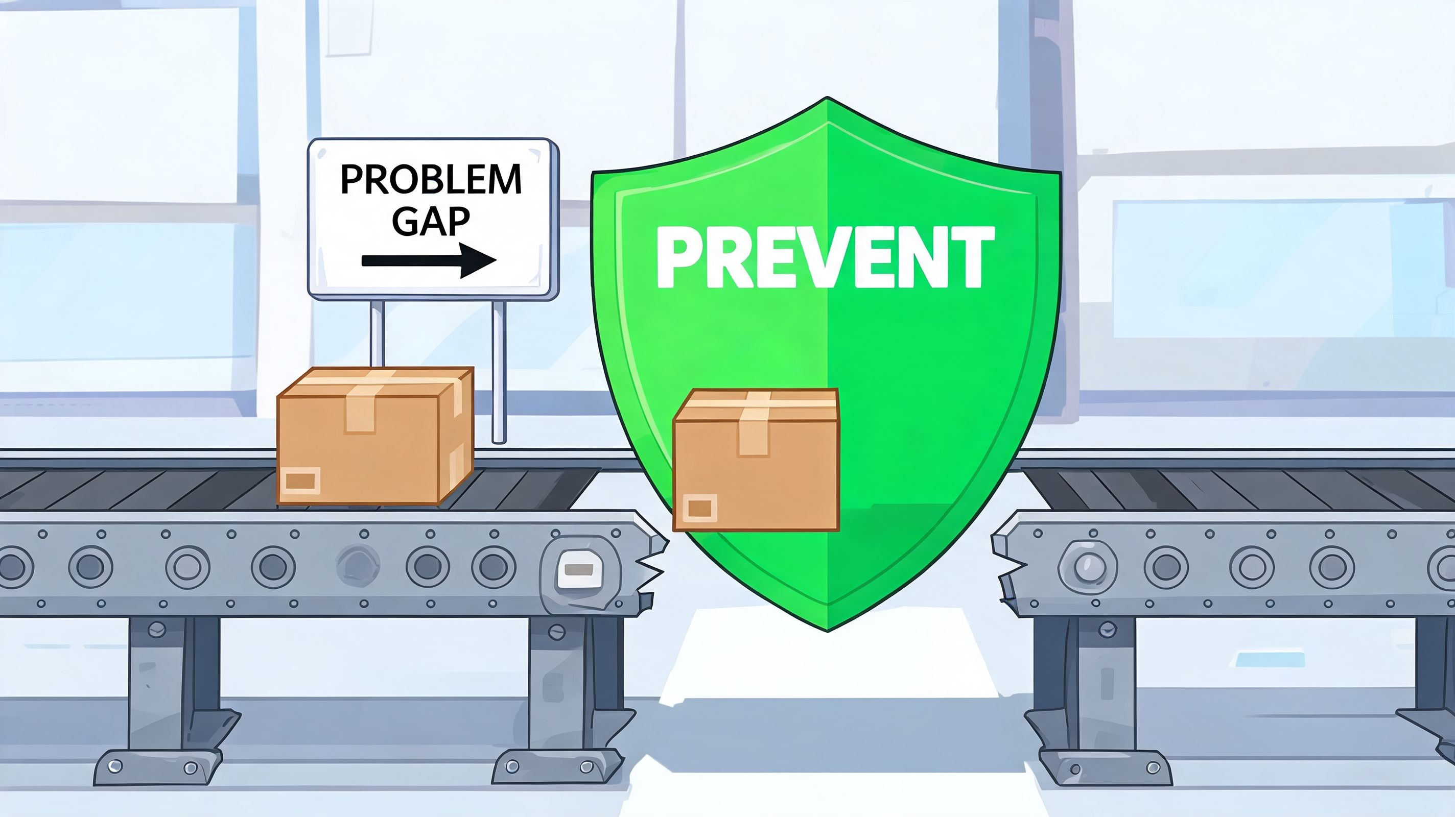 A digital illustration showing a conveyor belt interrupted by a green shield labeled prevent to bridge a gap.