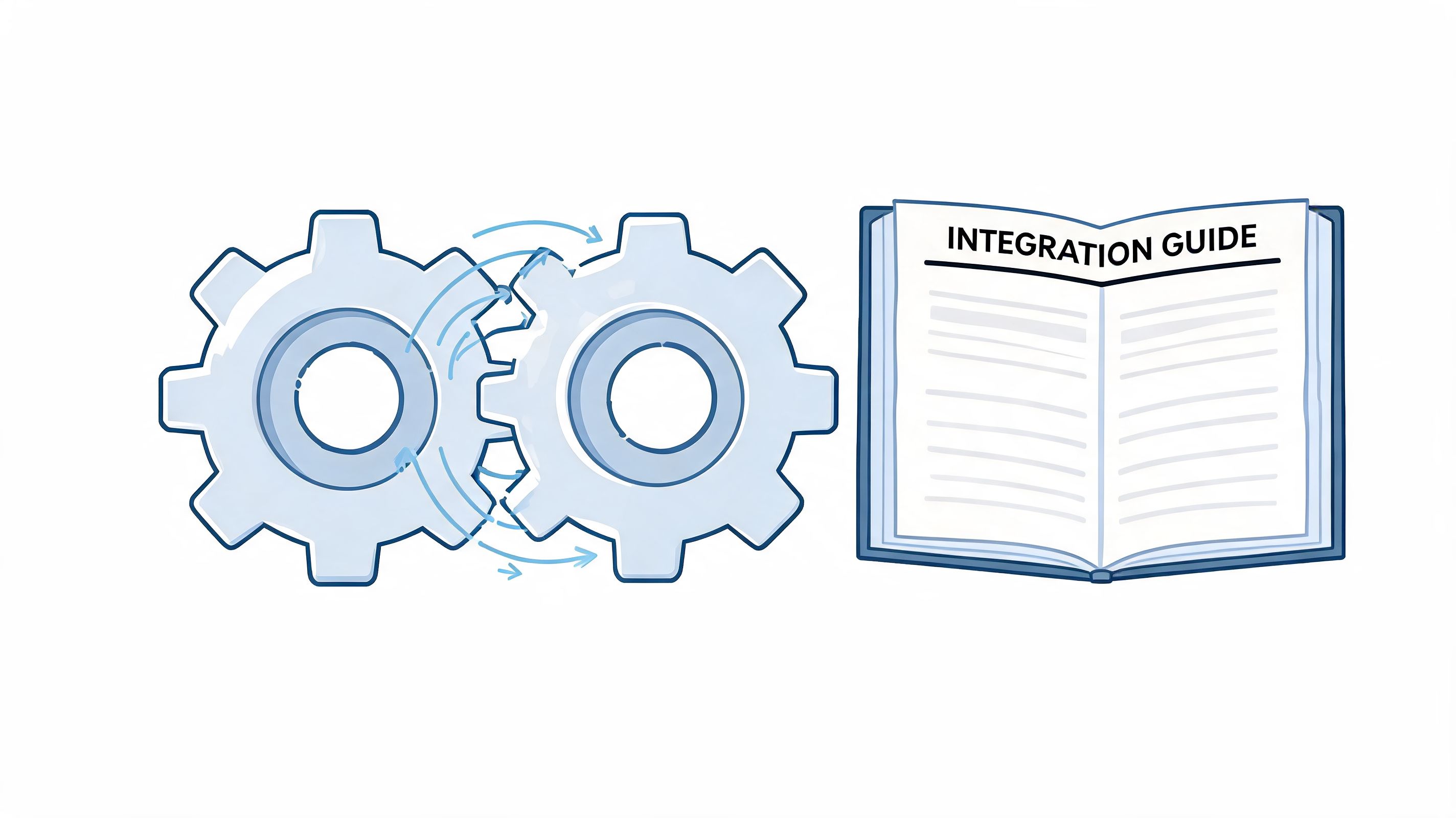 A conceptual illustration showing two connected gears alongside an open book labeled as an integration guide.