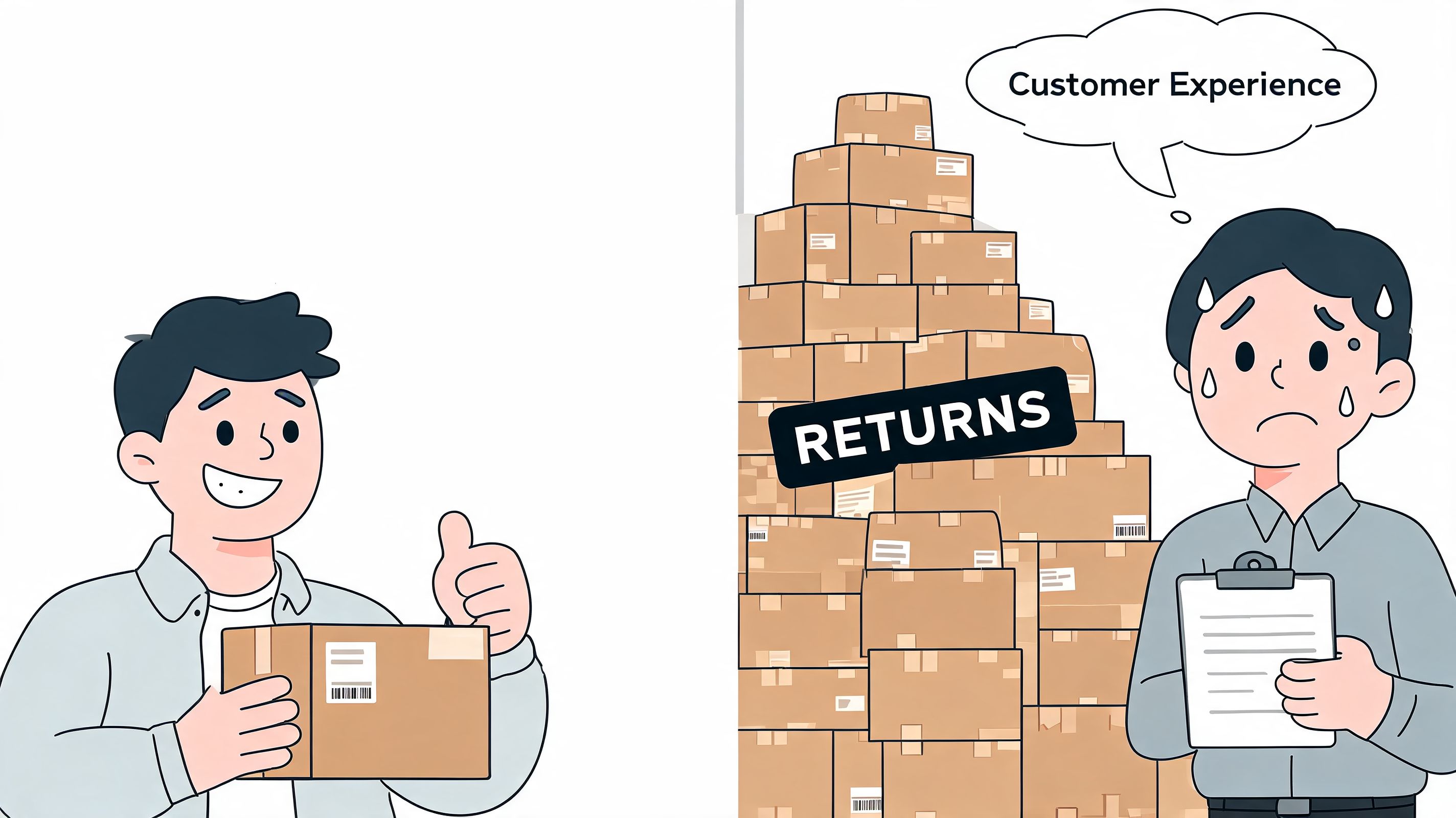 A split screen illustration comparing happy customer shipping and a stressed employee managing many product returns.