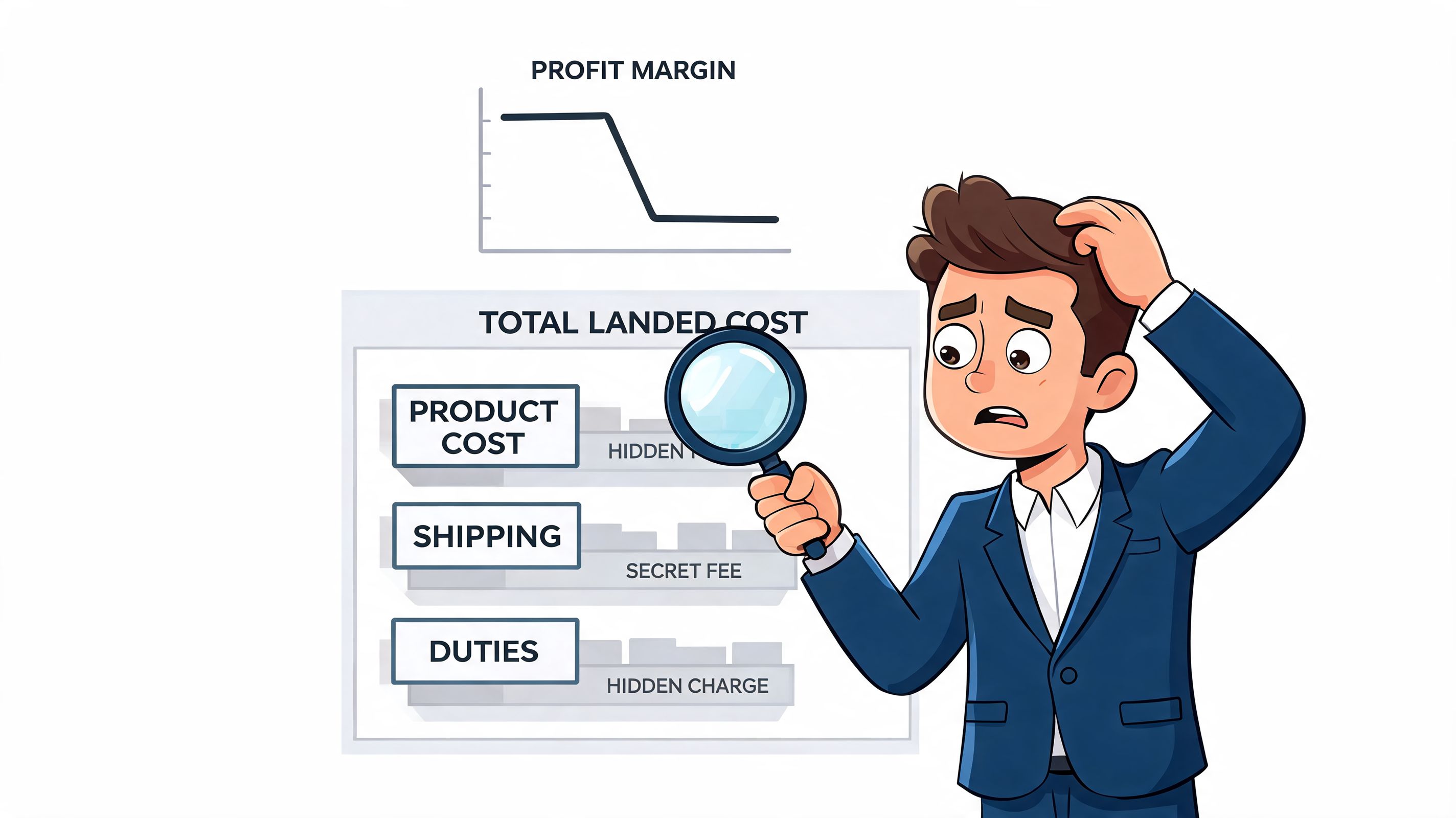 A confused businessman looking through a magnifying glass at hidden costs affecting his profit margin.