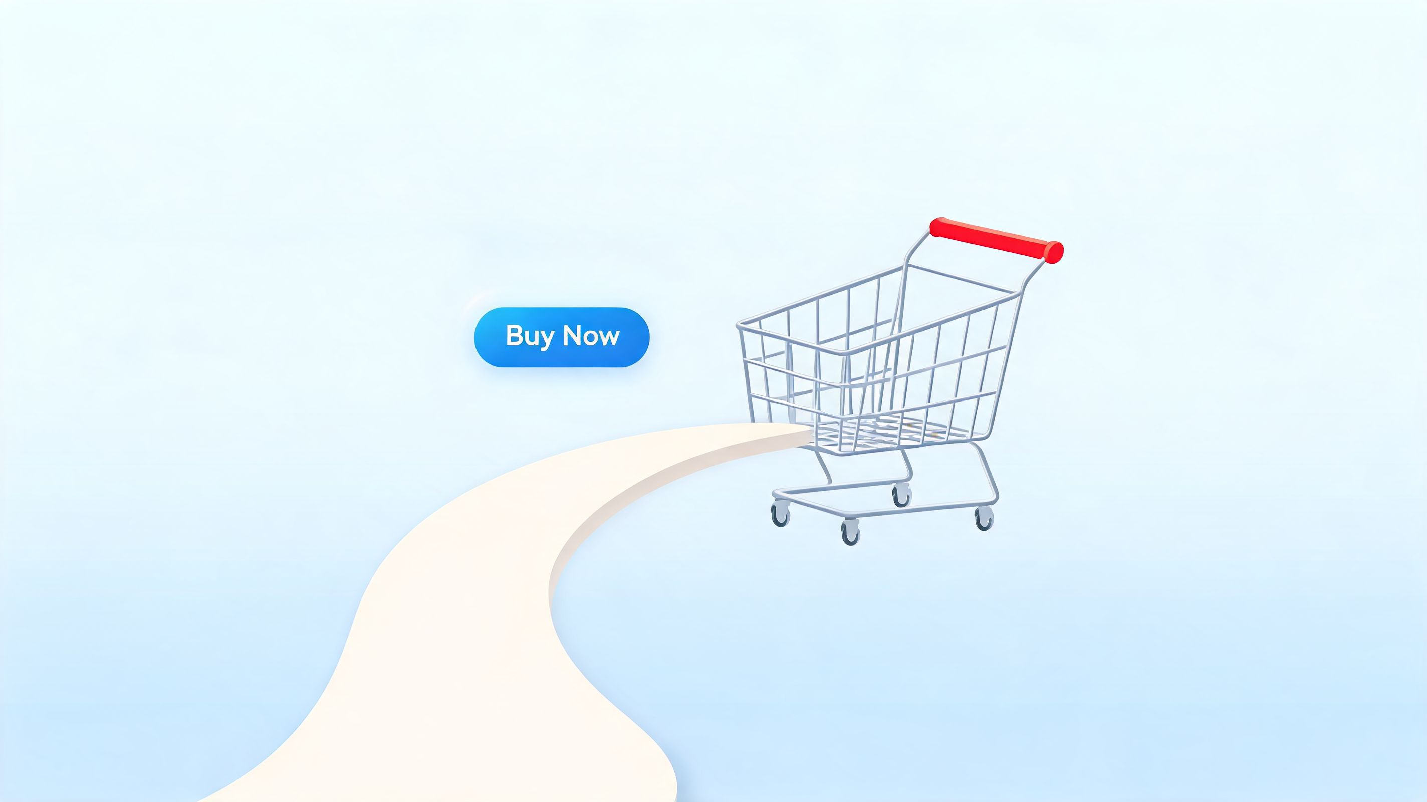 A 3D shopping cart moving along a path towards a blue buy now button on a background.