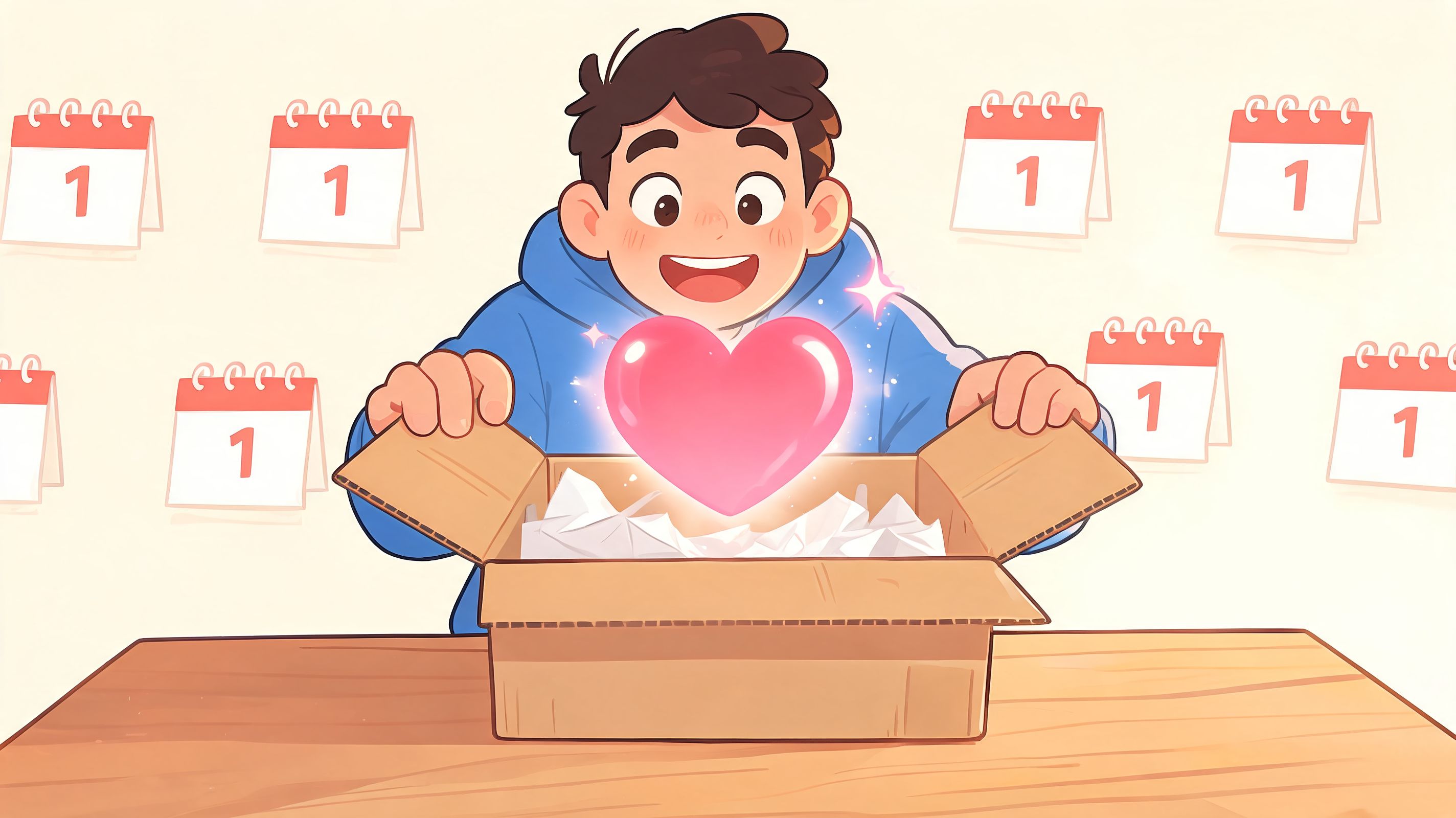 A happy young man excitedly opening a cardboard package to reveal a glowing, magical pink heart inside.