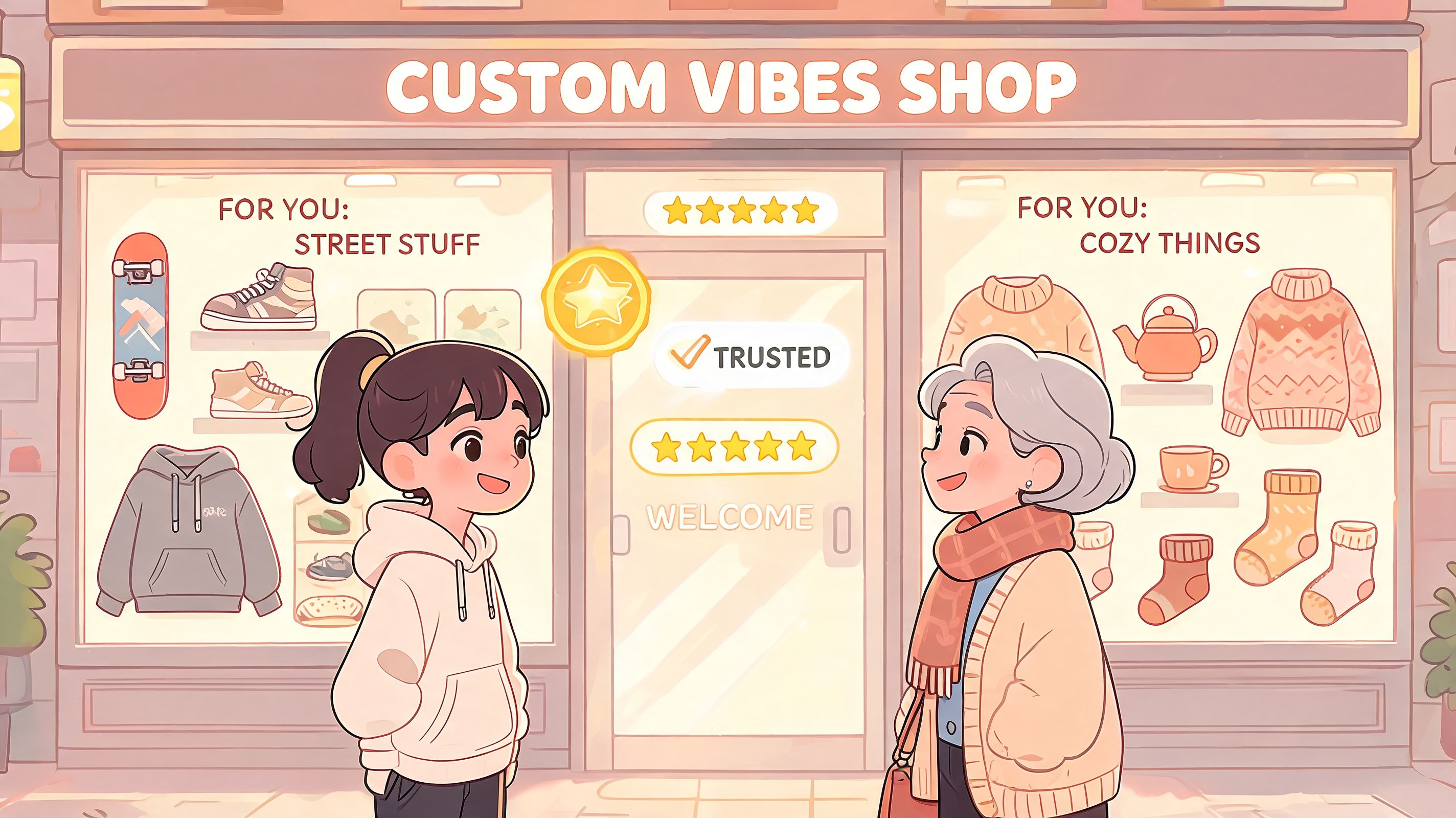 An illustration of a young girl and an elderly woman shopping together at a cozy boutique.