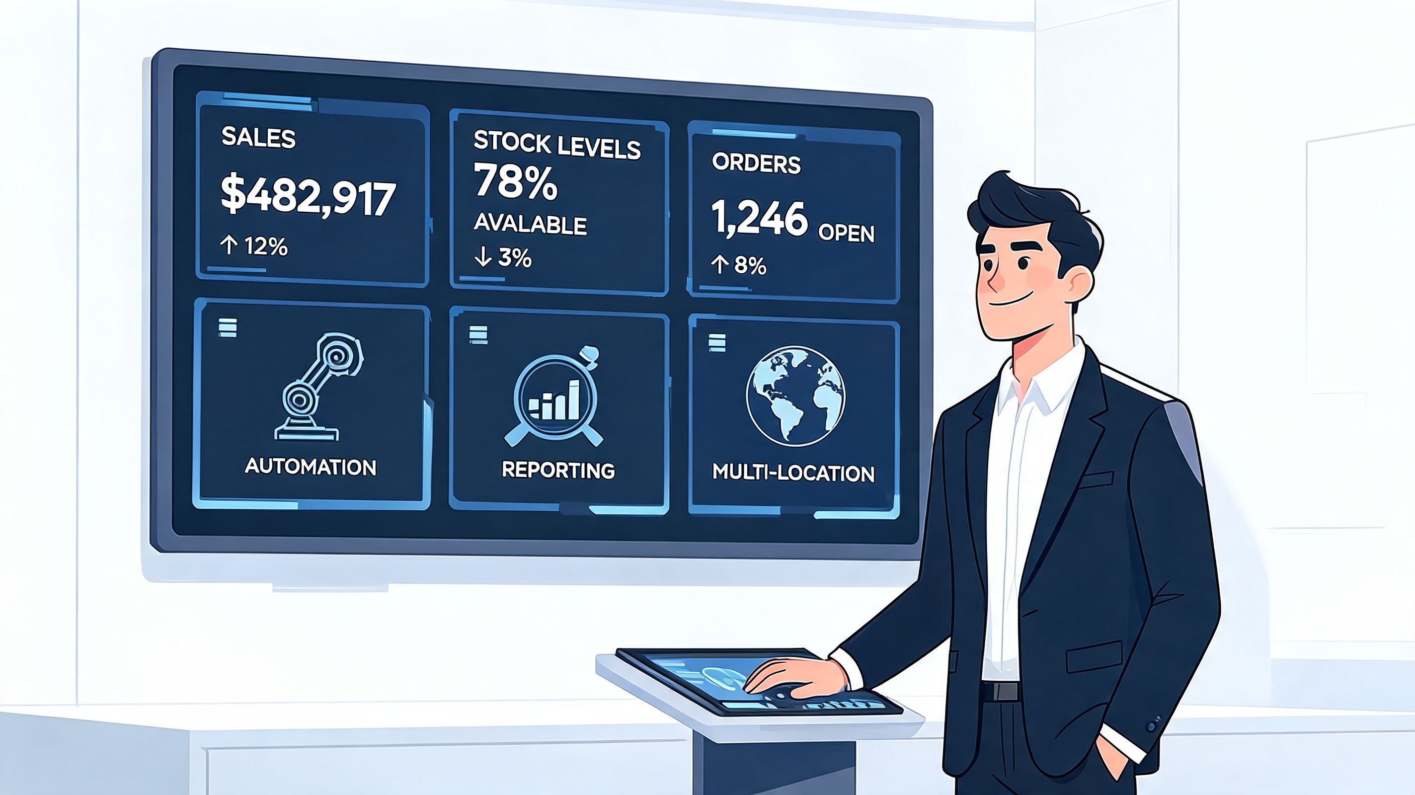 A professional man interacting with a digital dashboard displaying business metrics like sales, stock, and automation.