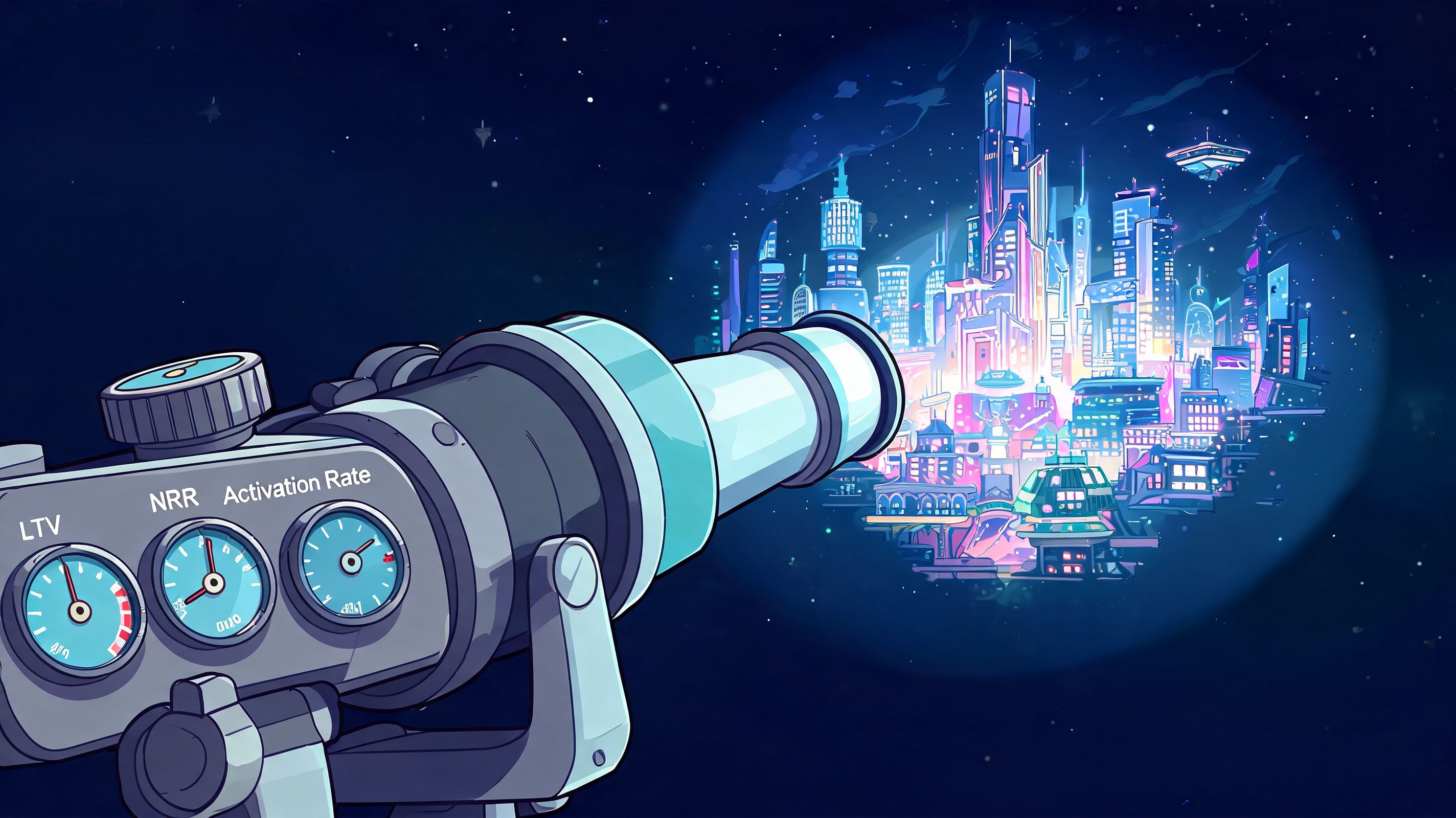 A telescope aimed at a futuristic glowing neon city with dials displaying business performance metrics.