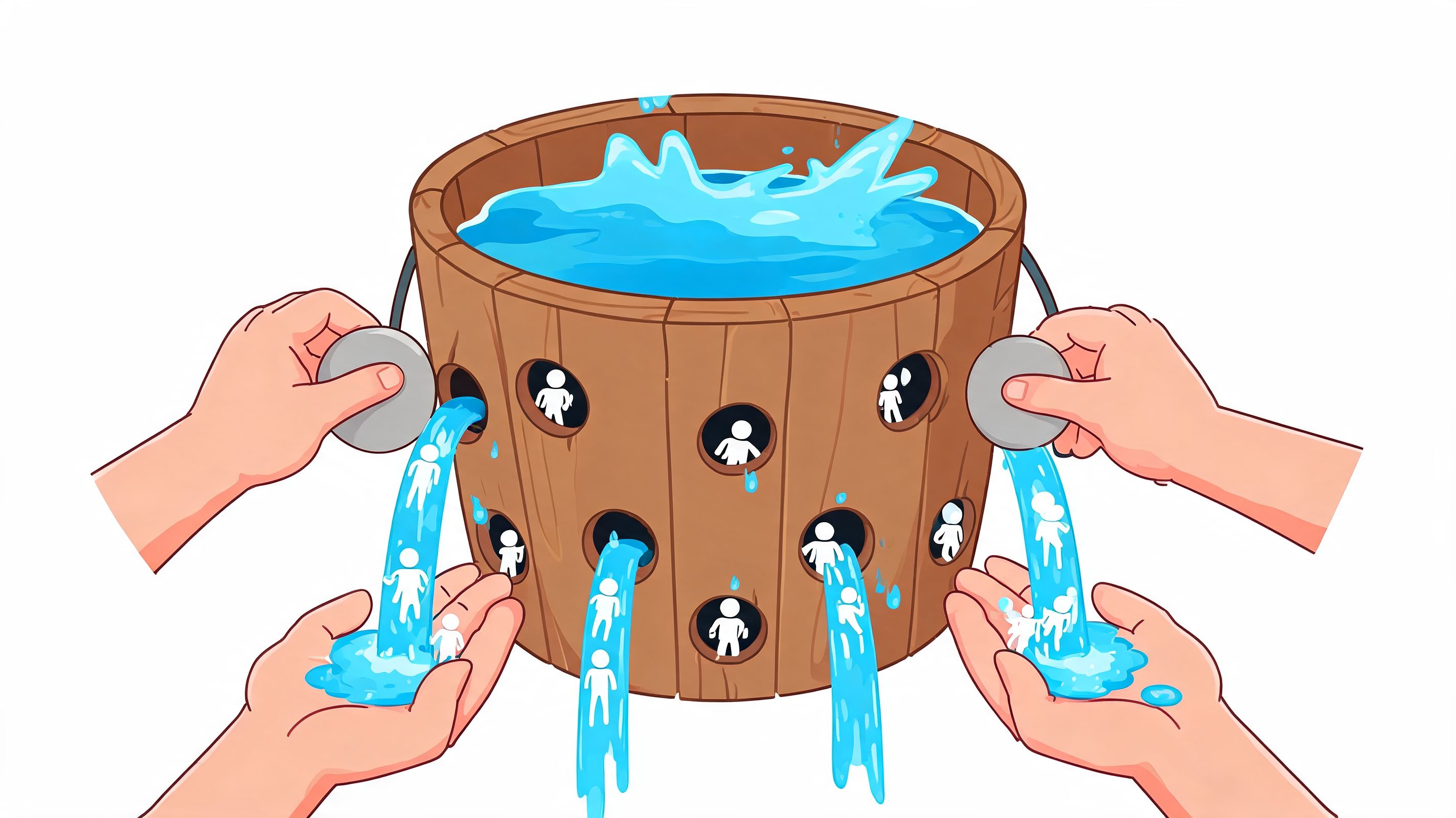 A wooden bucket leaking water with small figures inside, captured by two hands, symbolizing customer churn.