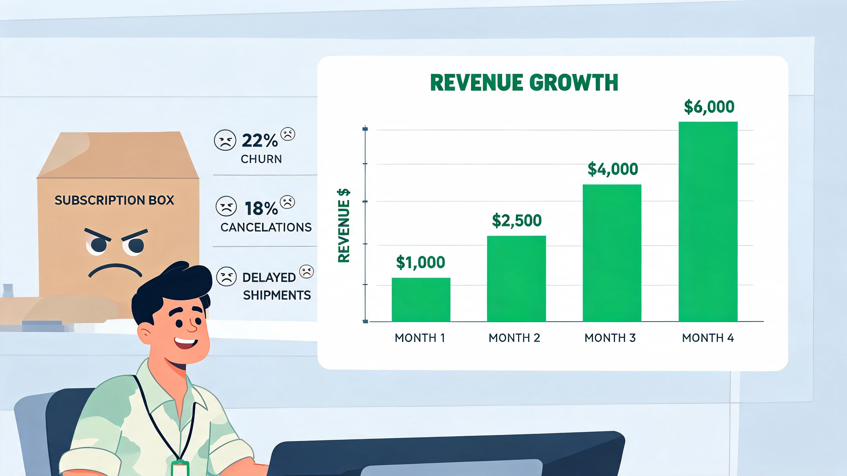 A person looking at a chart displaying subscription business growth alongside high churn and cancelation rates.