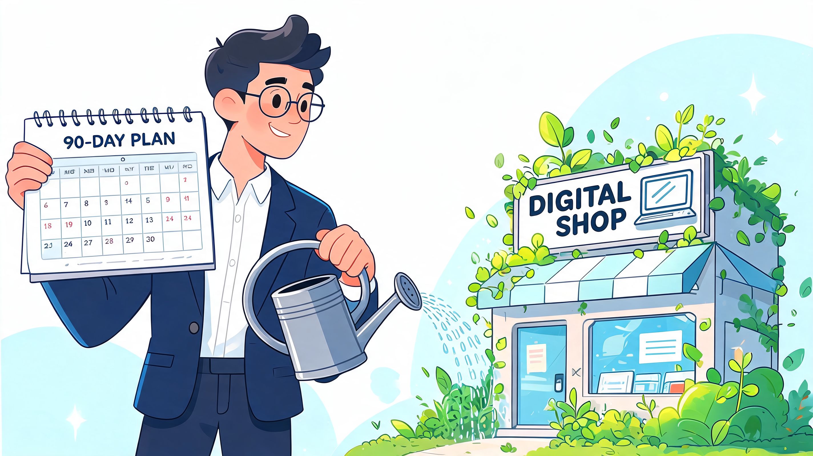 A businessman holds a 90-day plan calendar while watering a digital shop filled with lush greenery.