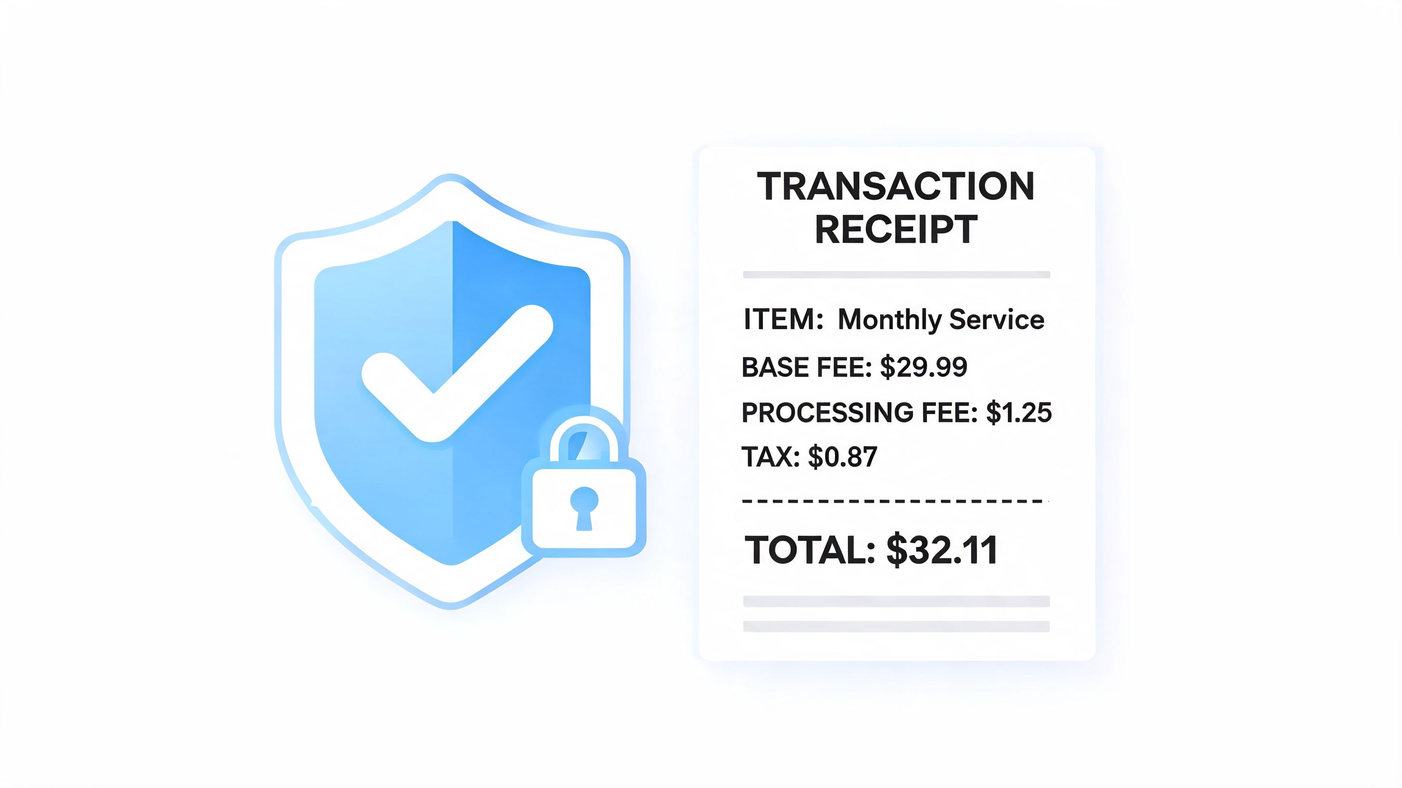 A digital graphic showing a security shield icon and a transaction receipt for a monthly service.