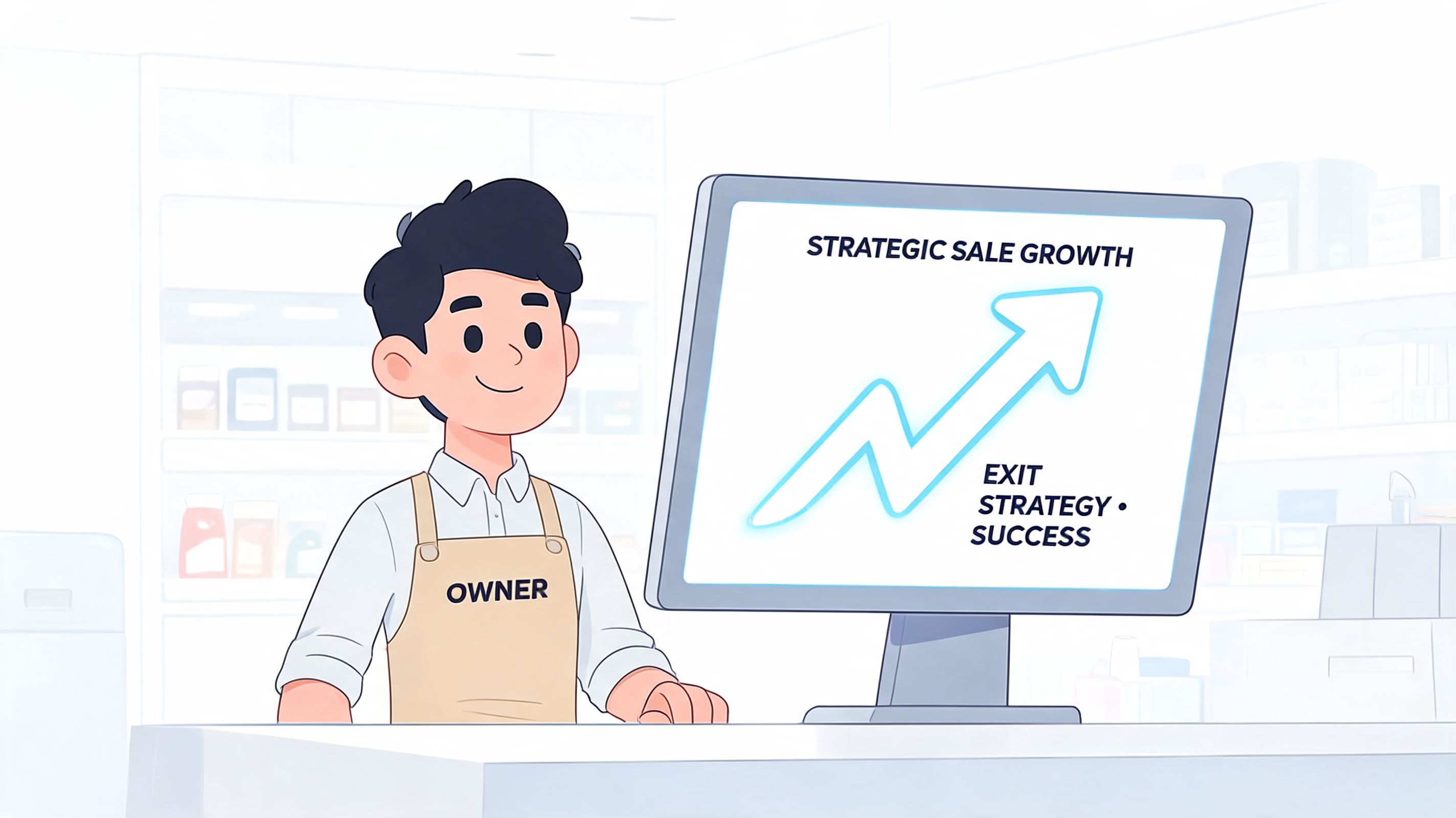 A smiling store owner stands beside a monitor displaying a growth chart labeled strategic sale growth