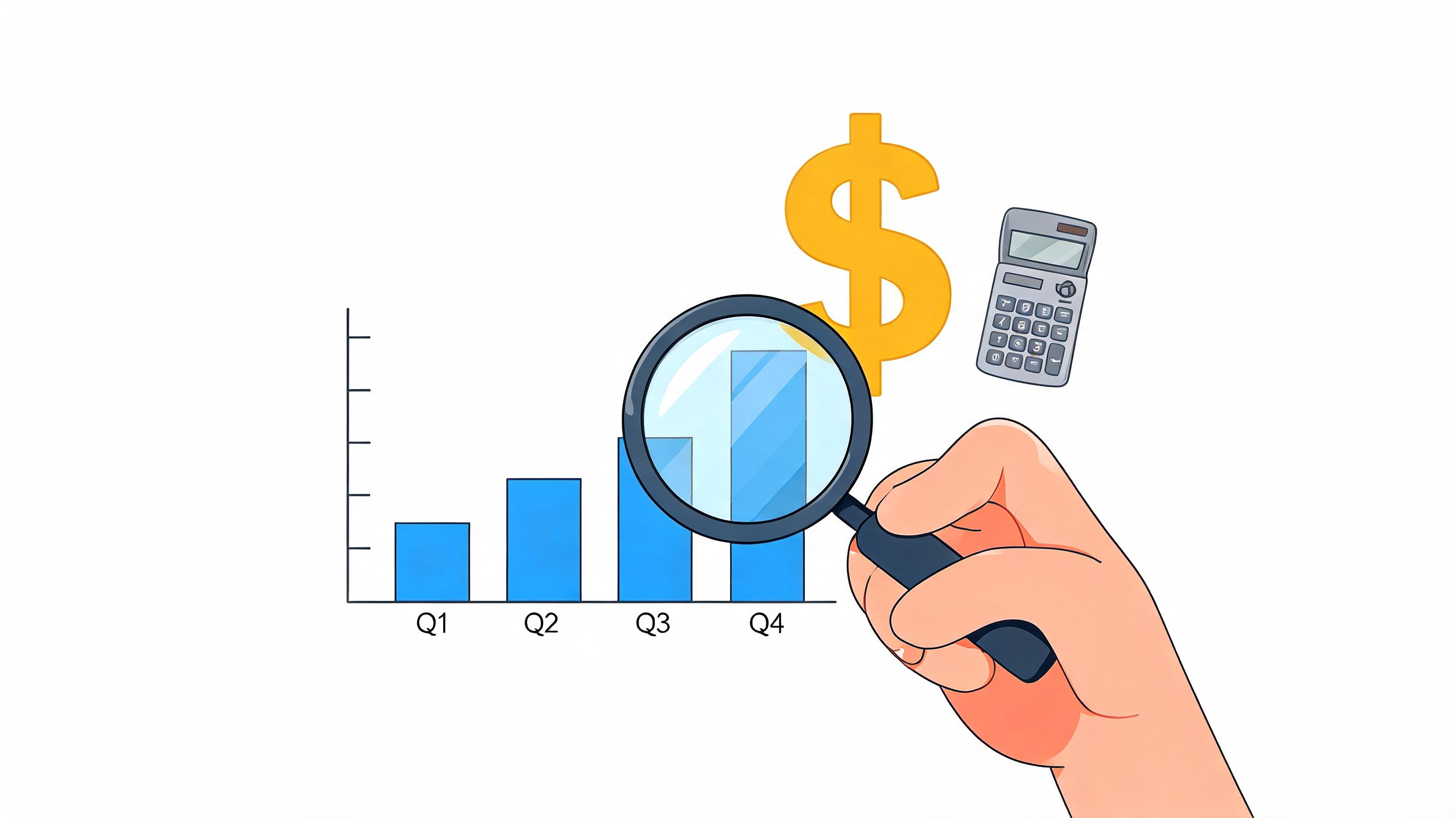A hand holding a magnifying glass over the Q4 bar chart on a financial growth graph.